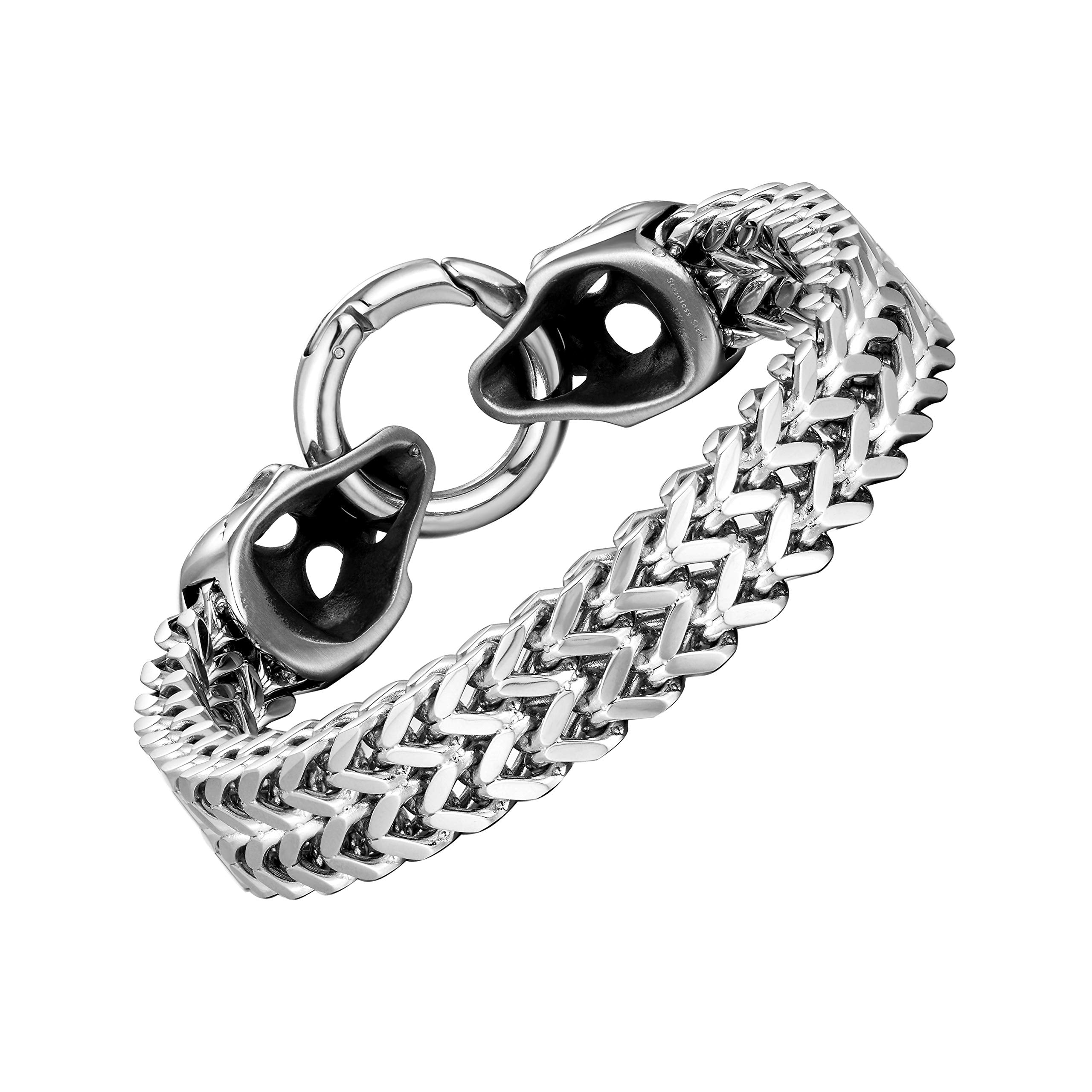 Bold Men’s Biker Bracelet, Foxtail Chain with Skull Design, Stainless Steel Polished Silver Finish