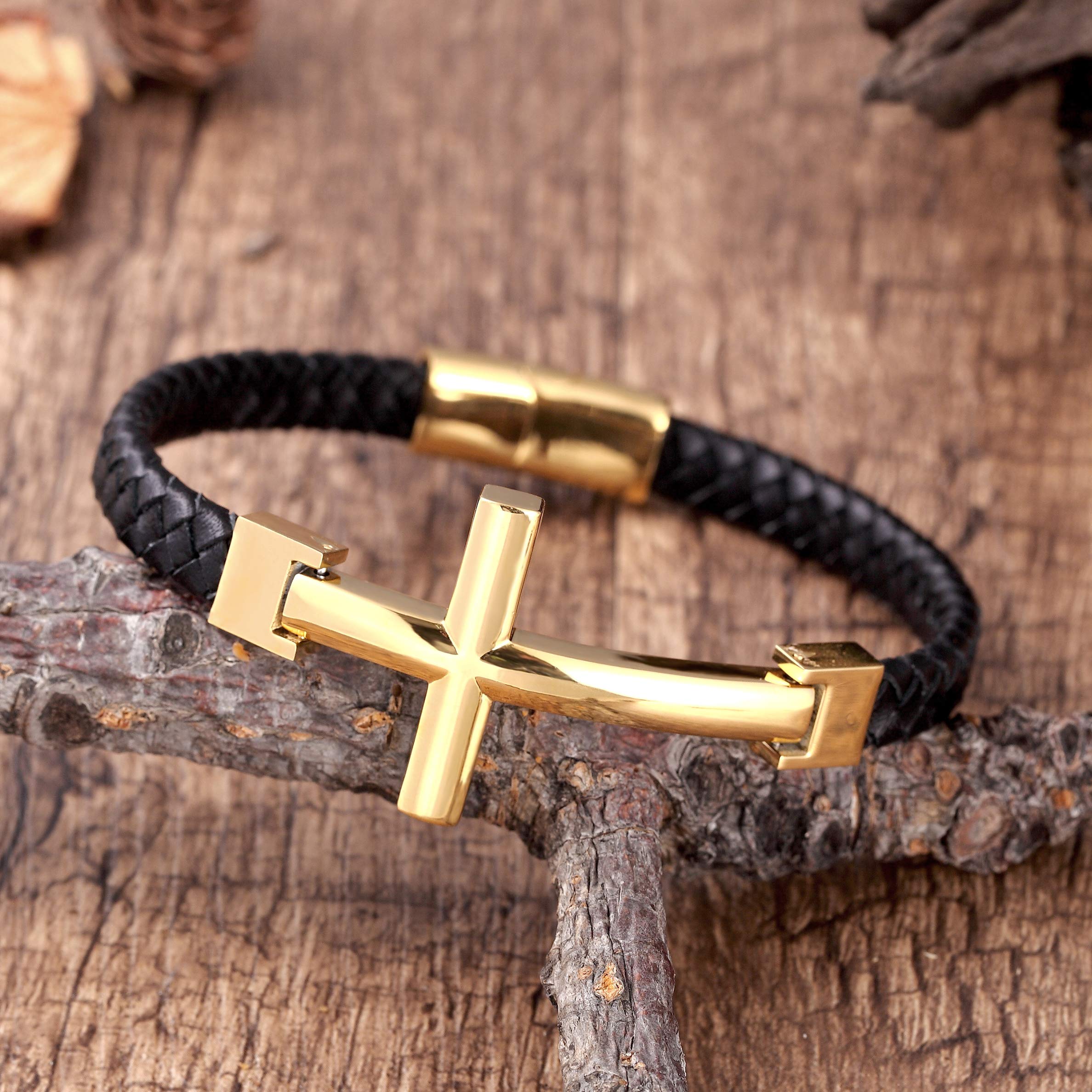Urban Jewelry Trendy Men’s Cross Bracelet – Lord’s Cross in a Luminous Silver or Gold Finish – Rust & Discoloration Resistant Stainless Steel Charm – Black Genuine Leather Rope Cord