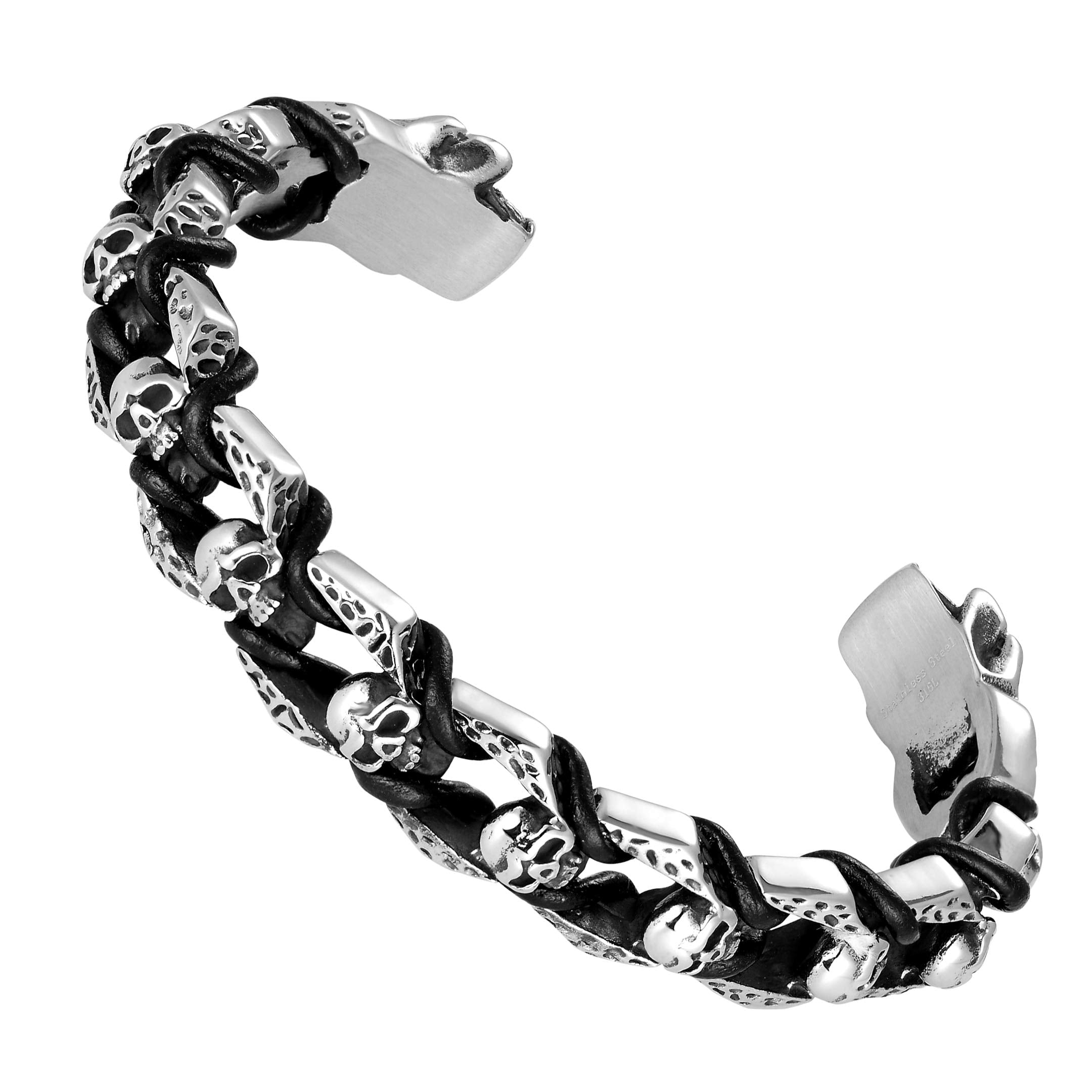 Bold Men’s Biker Bracelet – Death’s Skull Design in a Polished Silver Finish Band – Rust & Discoloration Resistant Stainless Steel with Black Genuine Leather Detail– Jewelry Gift for Men