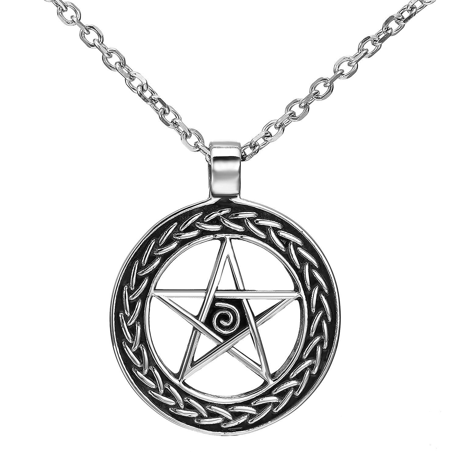 Magical Wiccan Pentagram Pentacle Pendant Stainless Steel Necklace for Men (21-inch chain)