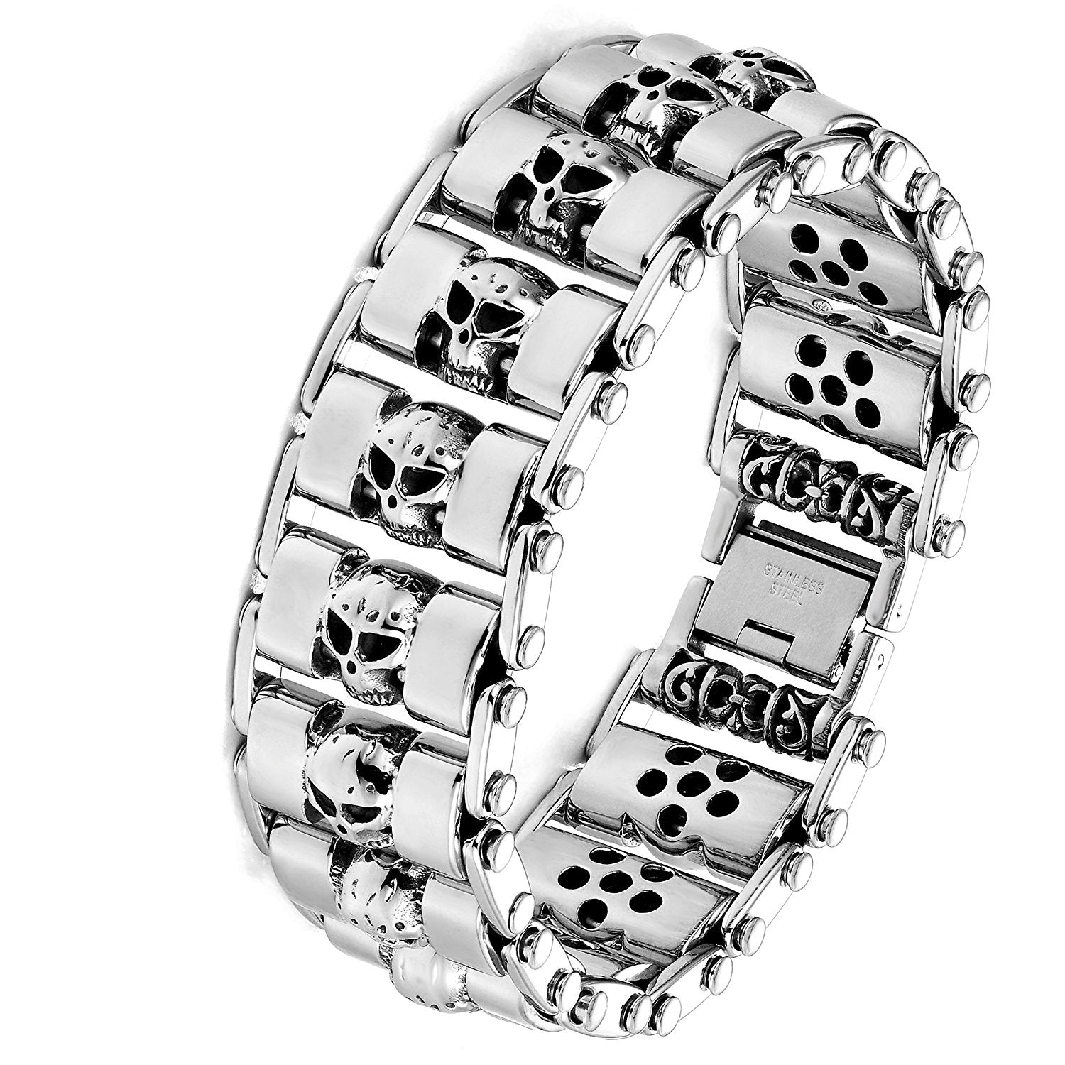 Urban Jewelry Stainless Steel Silver Tone Thick Skull Head 8.6 Inches Bracelet for Men