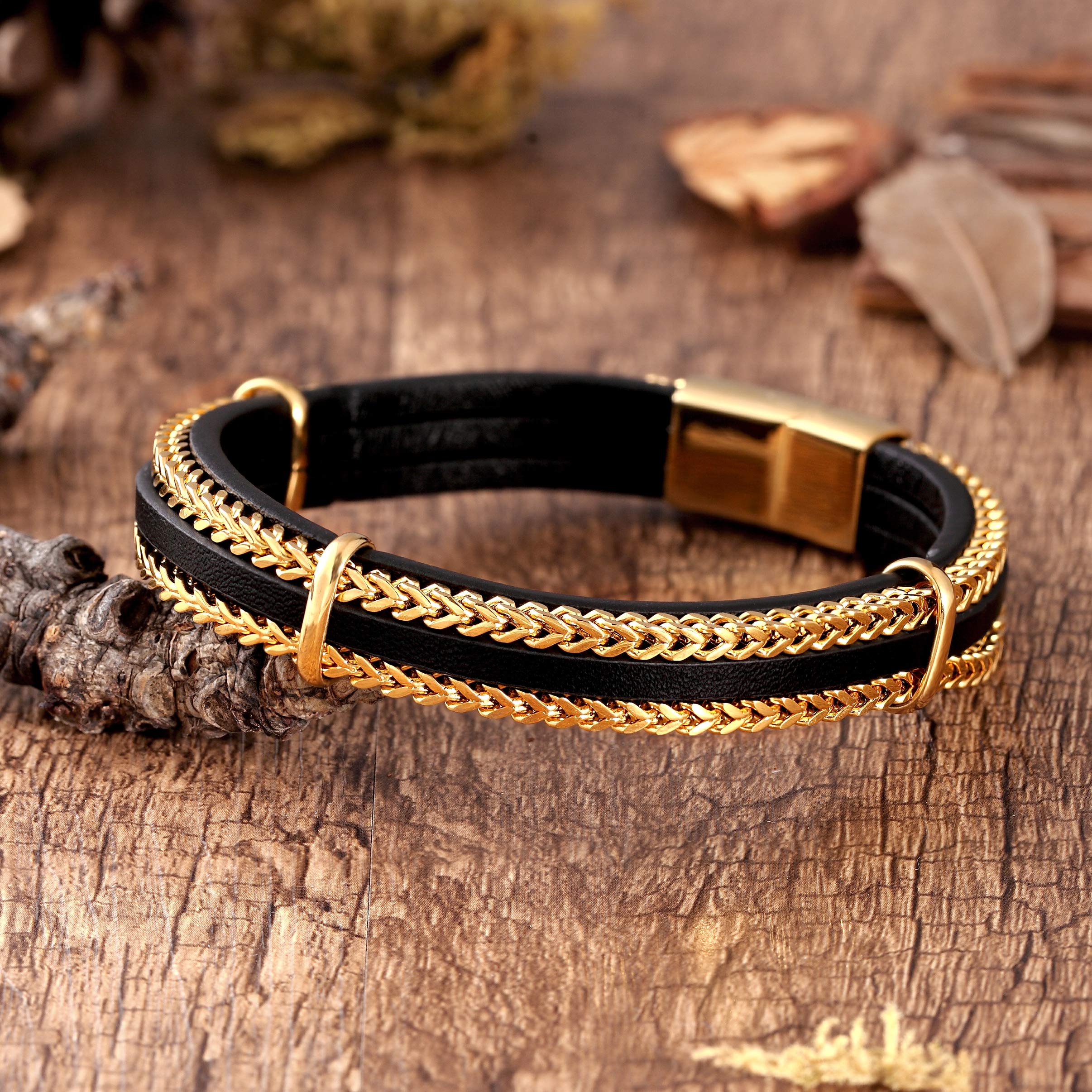 Urban Jewelry Splendid Men’s Bracelet – Silver or Gold Color Foxtail Chains with Contemporary Black Leather Detail – Made of Rust & Discoloration Resistant Stainless Steel and Genuine Leather