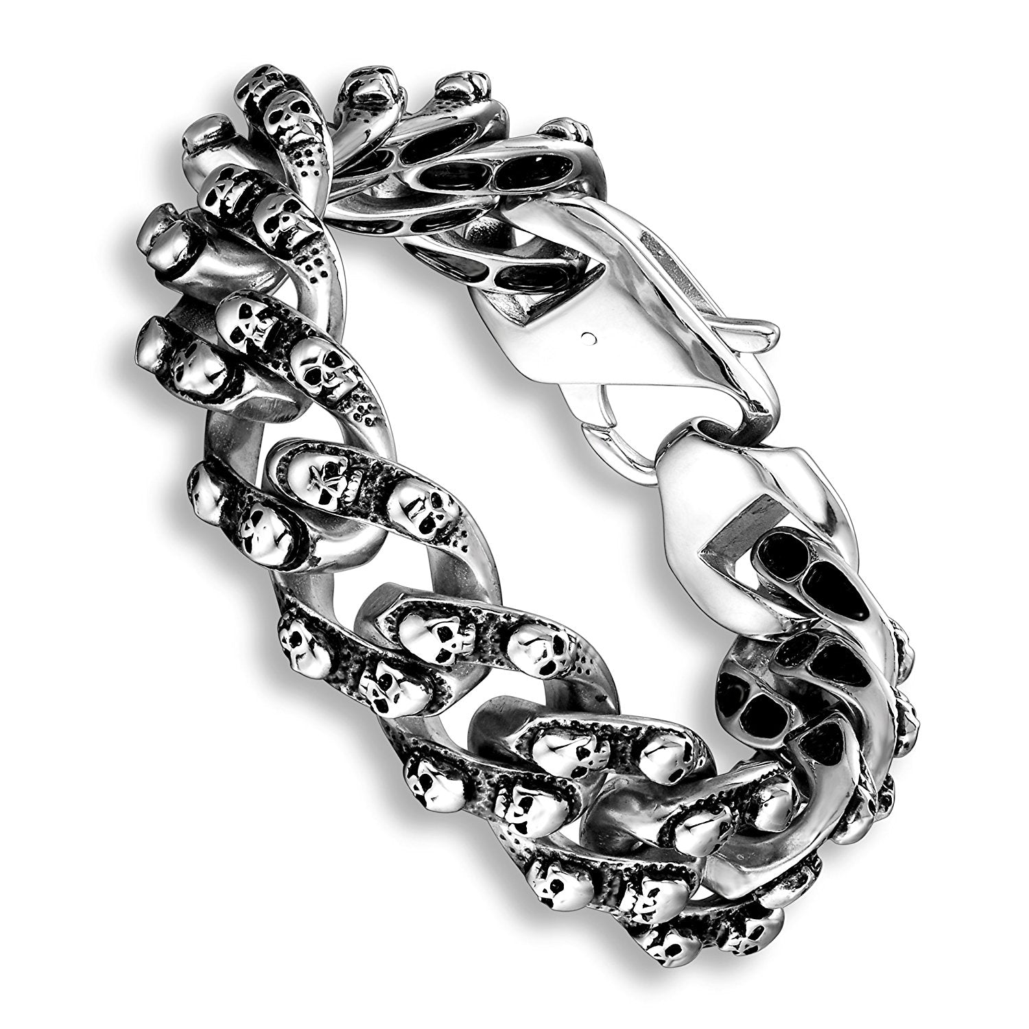 Urban Jewelry Elegant Men's Mini Skull Heads Chain Link Bracelet 8.85 Inches Stainless Steel (Silver Tone)