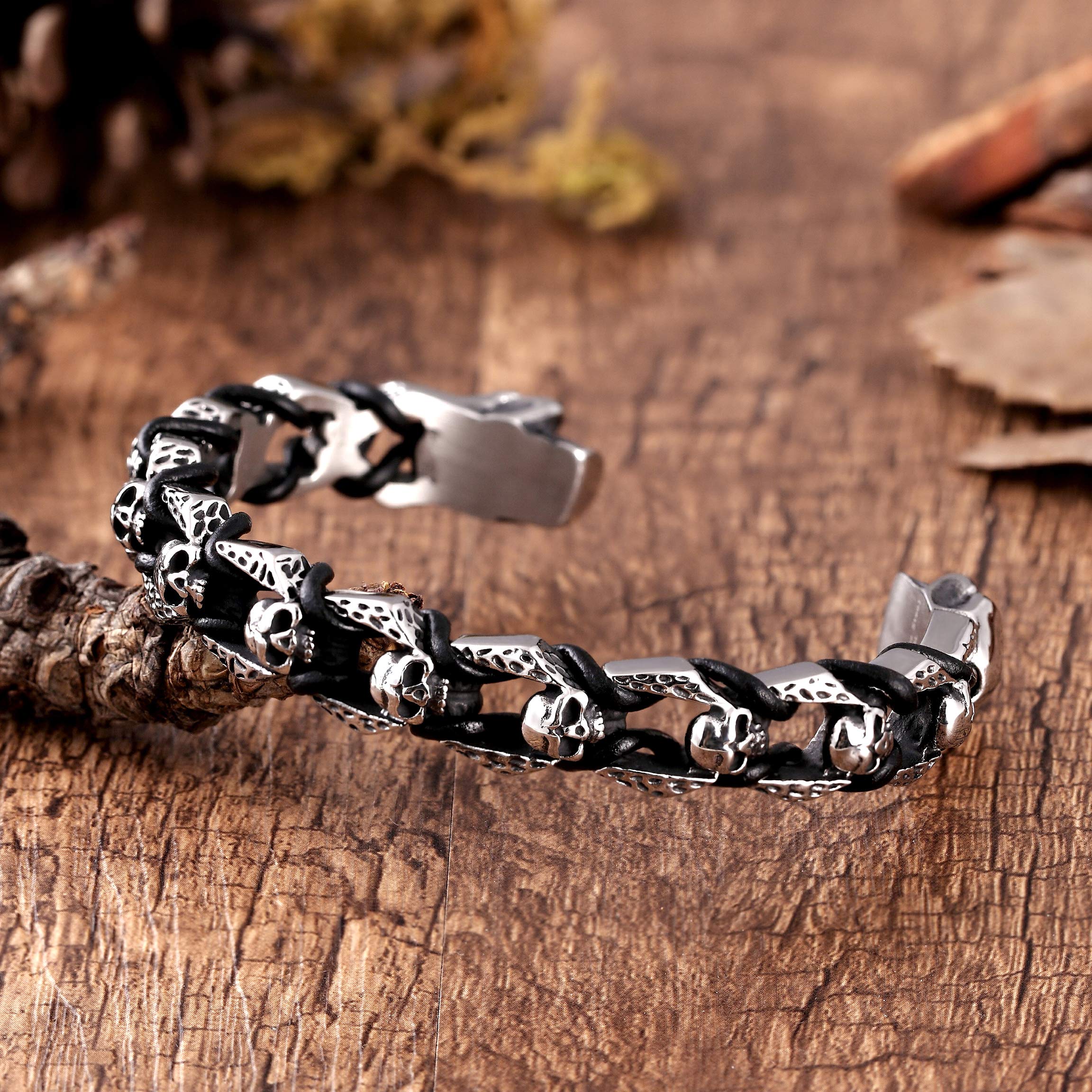 Bold Men’s Biker Bracelet – Death’s Skull Design in a Polished Silver Finish Band – Rust & Discoloration Resistant Stainless Steel with Black Genuine Leather Detail– Jewelry Gift for Men