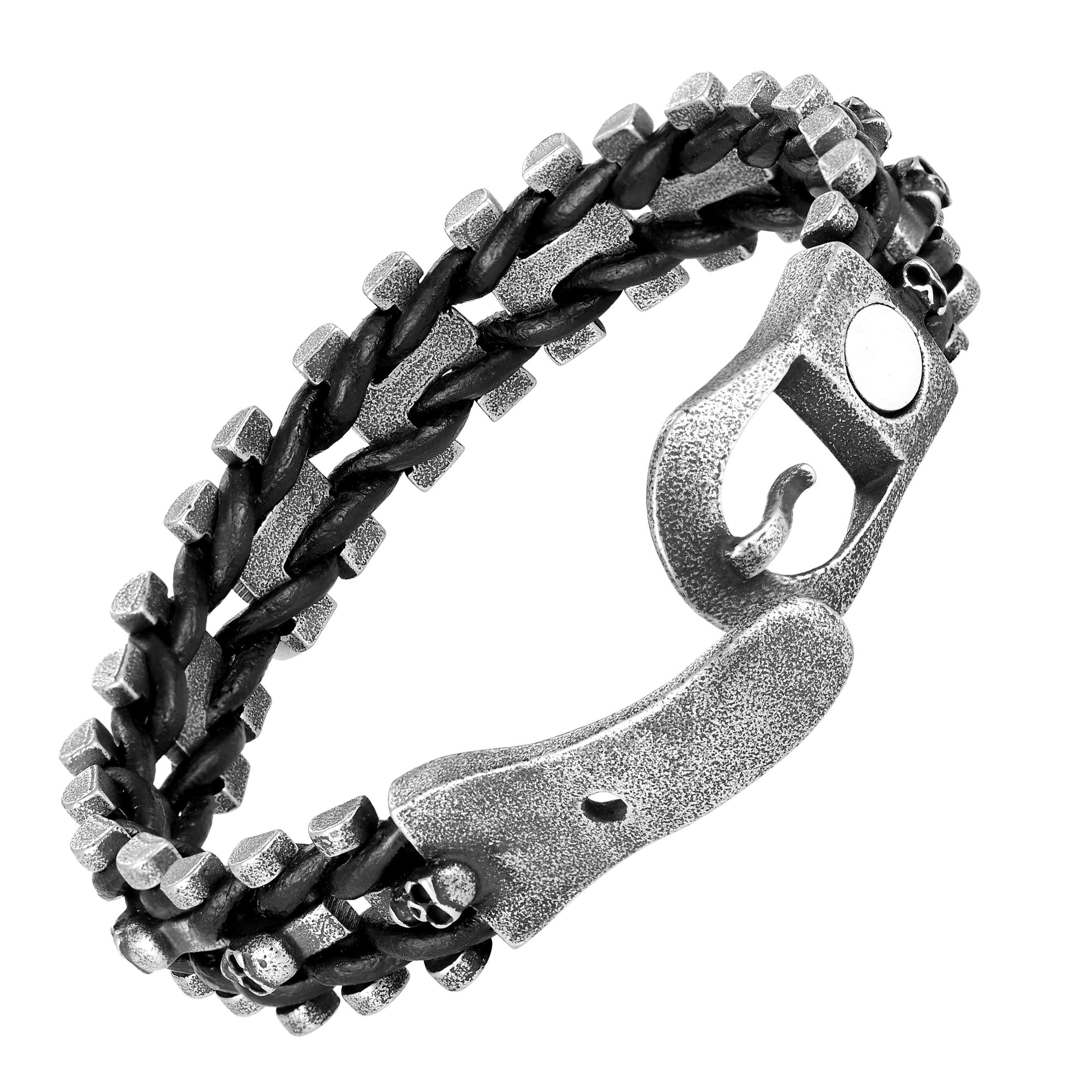 Dystopian Men’s Bracelet – Contemporary Black Leather Rope with Interlocking Track Chains – Comfy Genuine Leather & Stainless Steel – Black & Gun Metal Grey Color – Jewelry Gift or Accessory