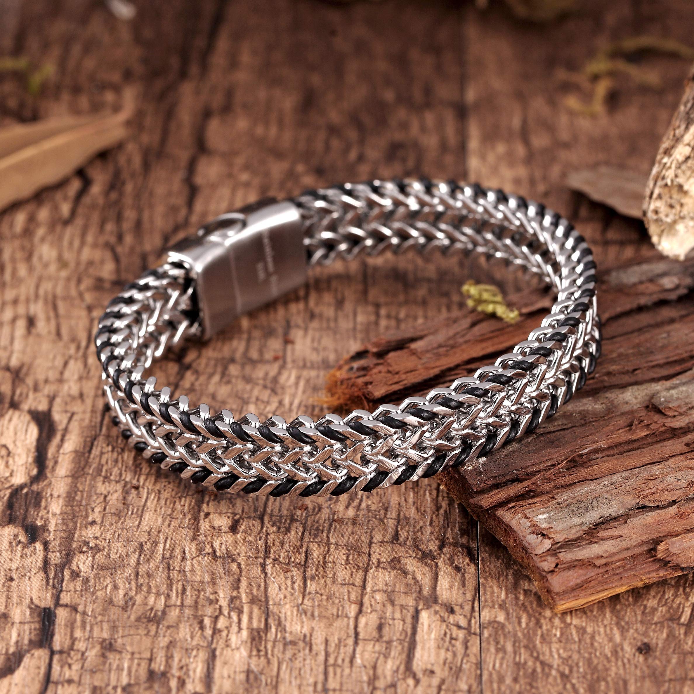Handsome Men’s Bracelet – Mesmerizing Silver Finish Foxtail Chain with Black Genuine Leather Detail – Rust & Discoloration Resistant Stainless Steel Chain – Jewelry Gift or Accessory for Men
