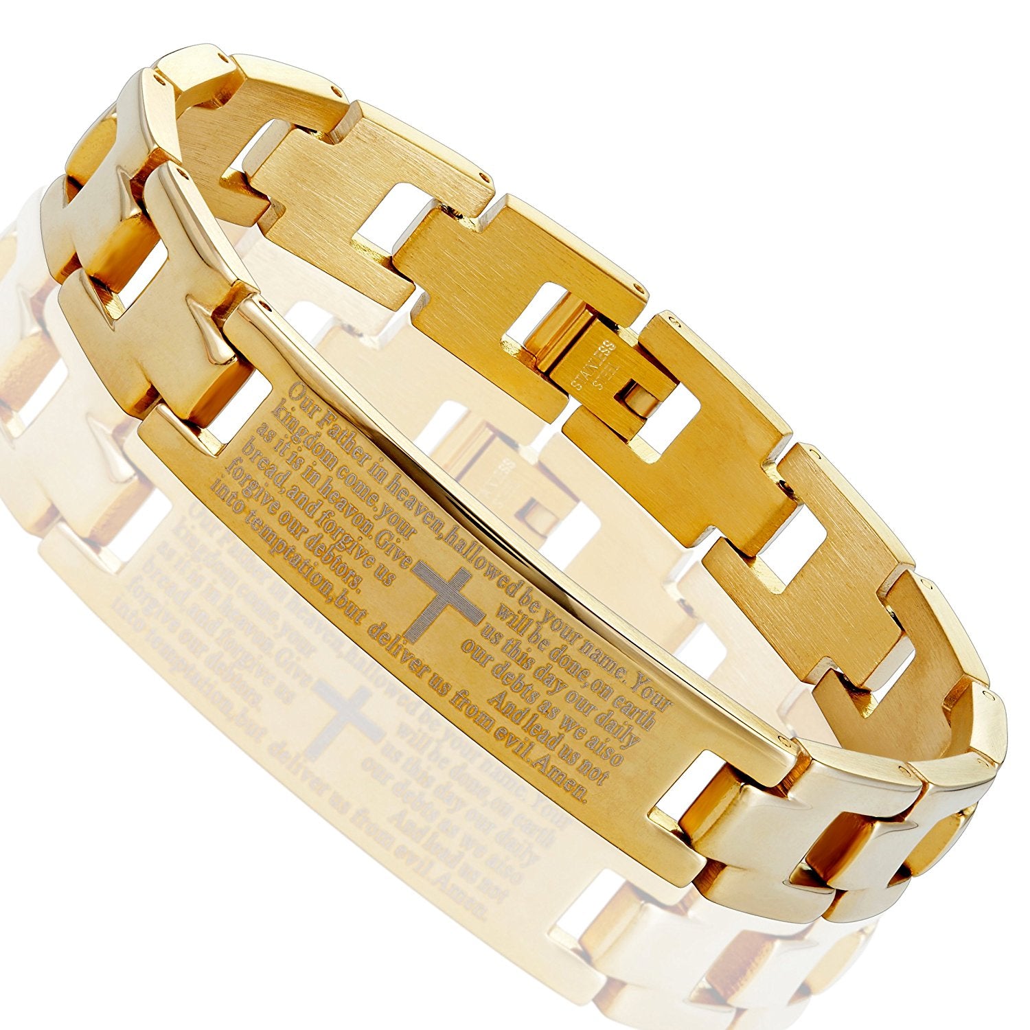 Urban Jewelry Lords Prayer Cross - 316L Stainless Steel Link Bangle Bracelet for Men