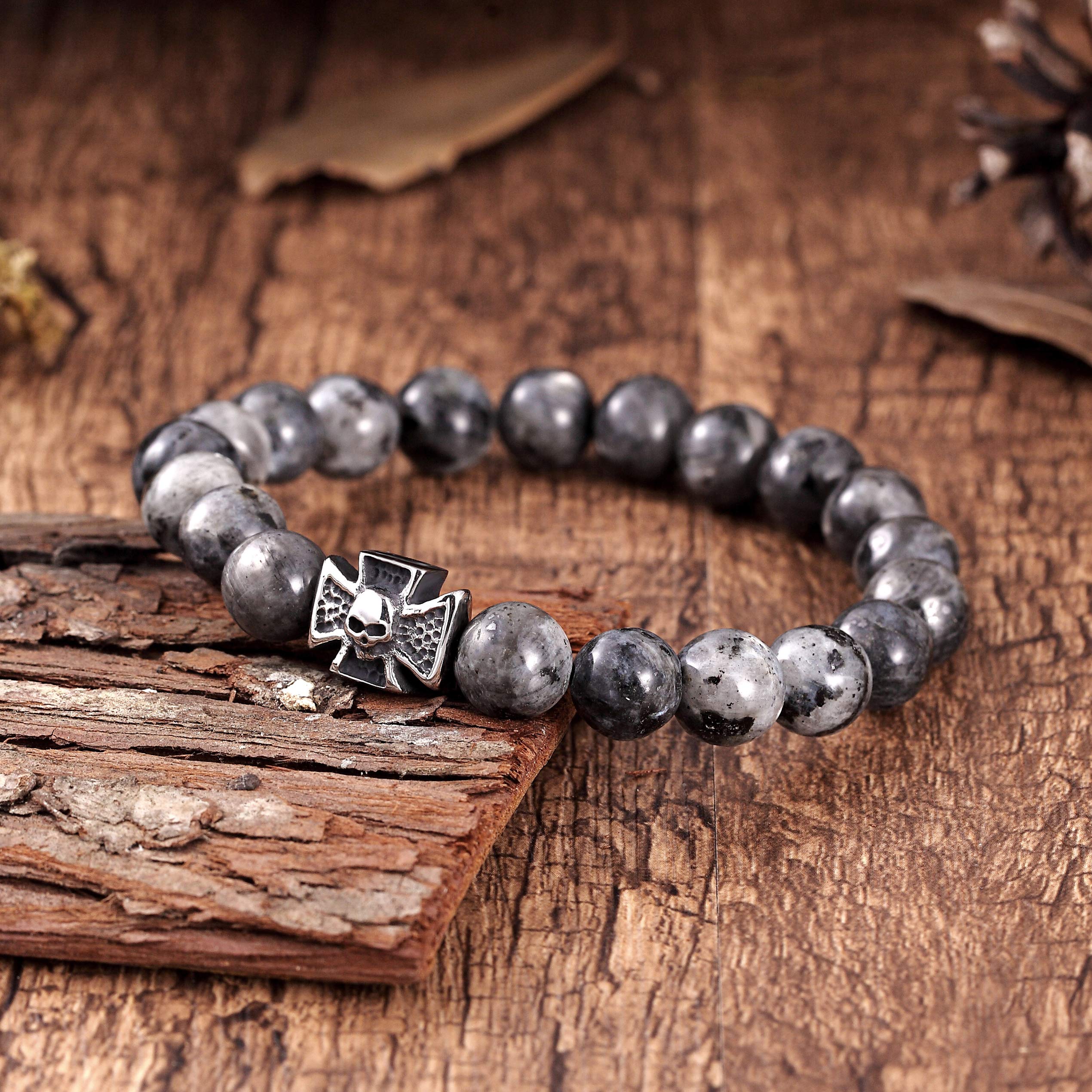 Bold Men’s Bracelet – Black Beads with Silver Color Death’s Skull and Cross Charm – Made of Black Marble & Polished Stainless Steel – Jewelry Gift or Accessory for Men