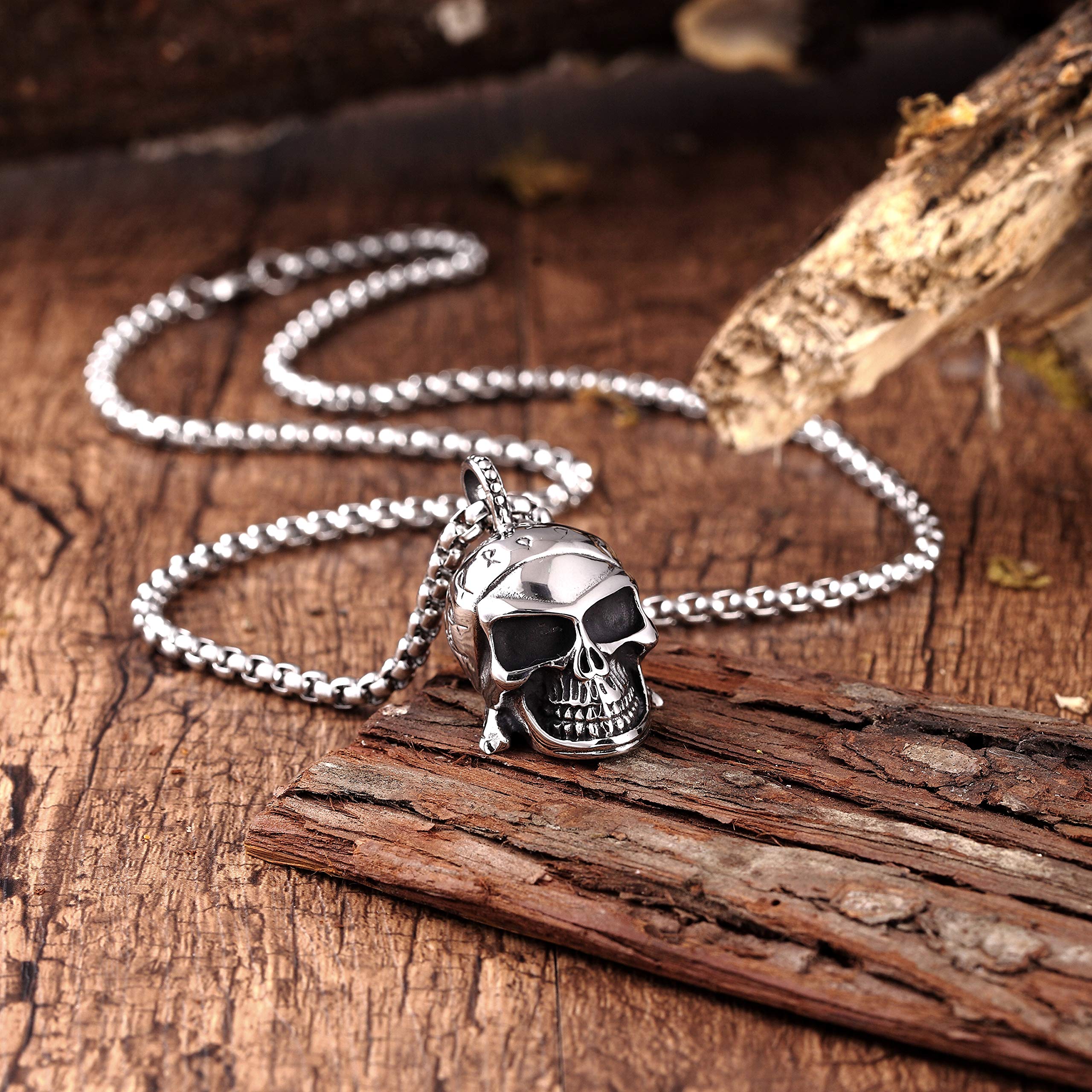 Bold Men’s Biker Necklace – Death’s Head Skull Pendant in a Polished Black and Silver Finish – Rust & Discoloration Resistant Stainless Steel Pendant and Chain – Jewelry Gift or Accessory for Men
