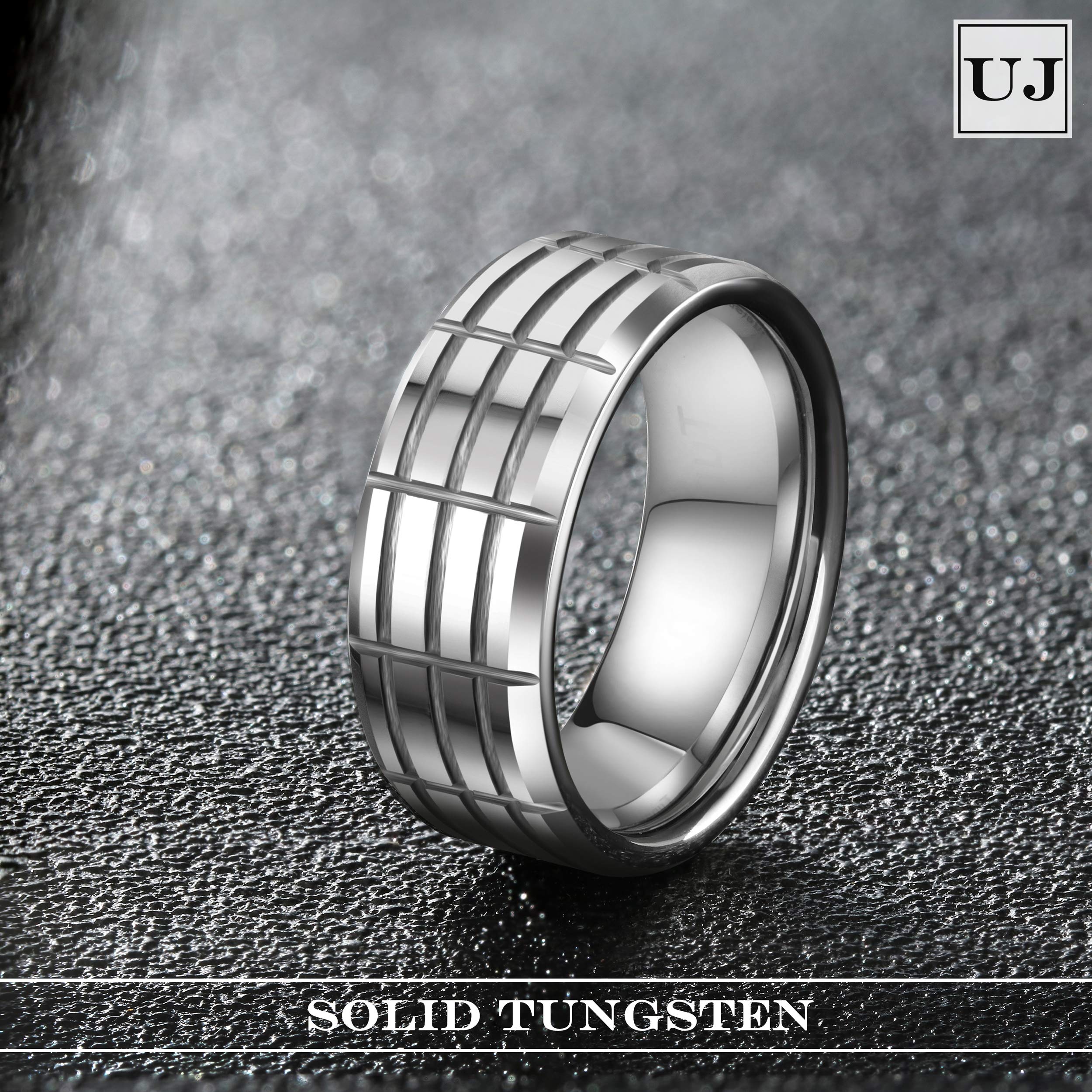 URBAN JEWELRY Men’s Tungsten Ring – Rectangular Pattern Design in a Polished Silver Color – Made of Solid Tungsten Material for Him