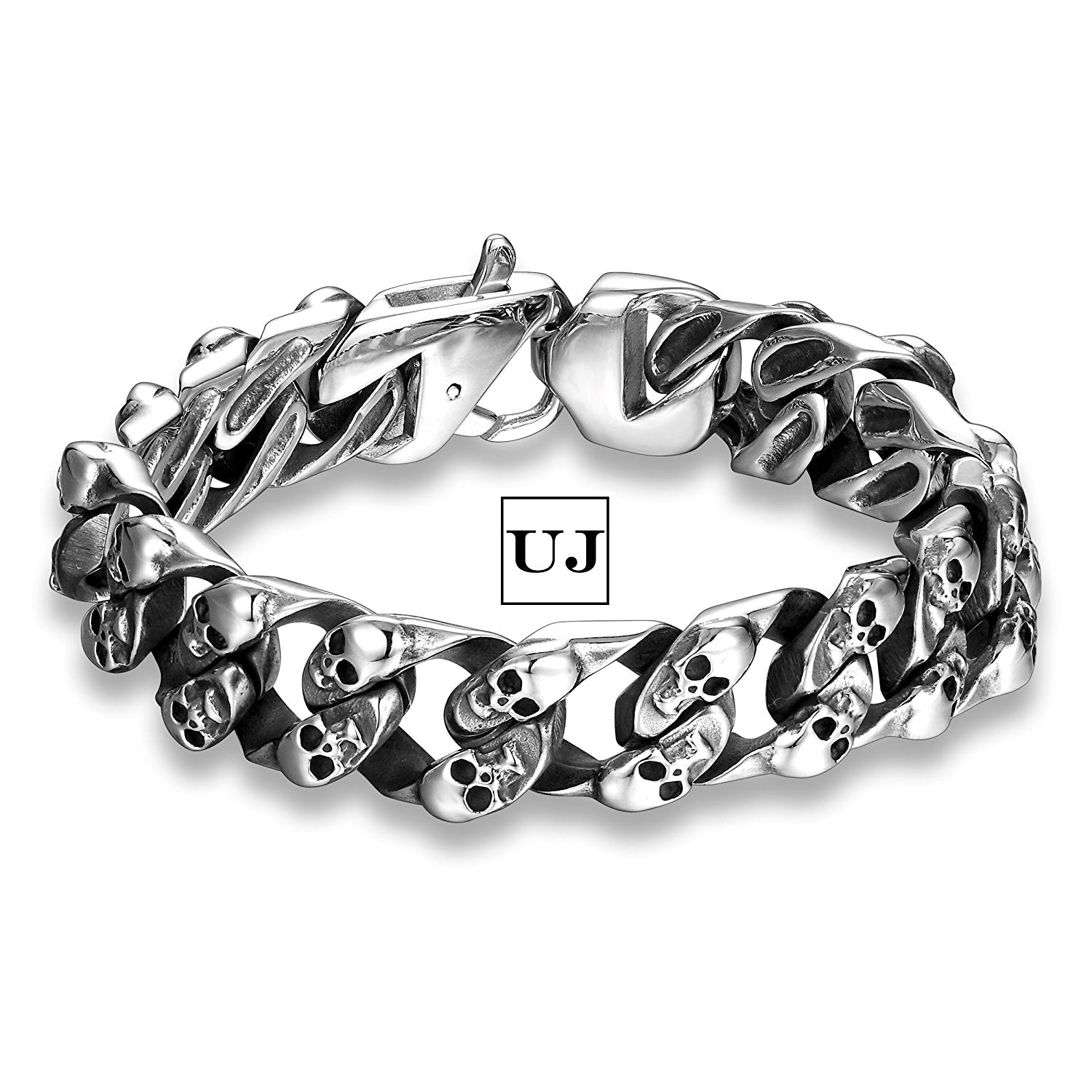 Urban Jewelry 8.6 Inches Stainless Steel Silver Tone Mini Skull Heads Link Chain Bracelet for Men