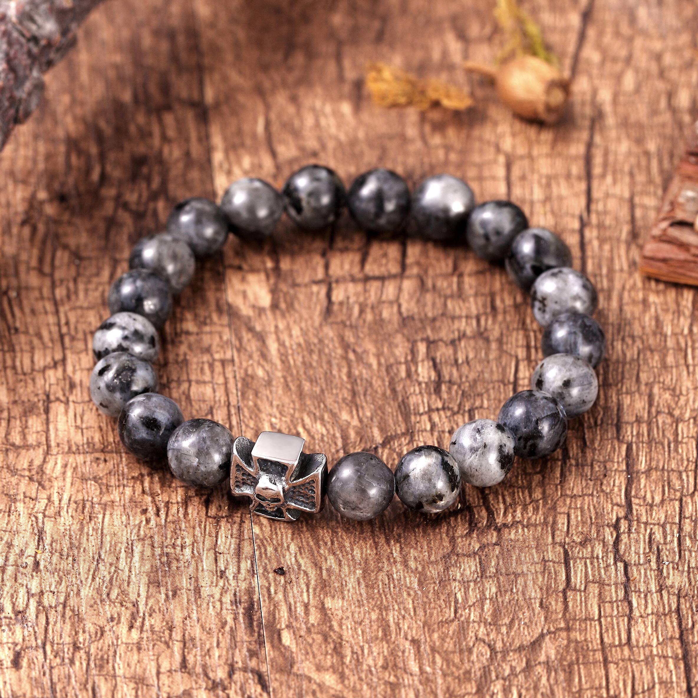 Bold Men’s Bracelet – Black Beads with Silver Color Death’s Skull and Cross Charm – Made of Black Marble & Polished Stainless Steel – Jewelry Gift or Accessory for Men