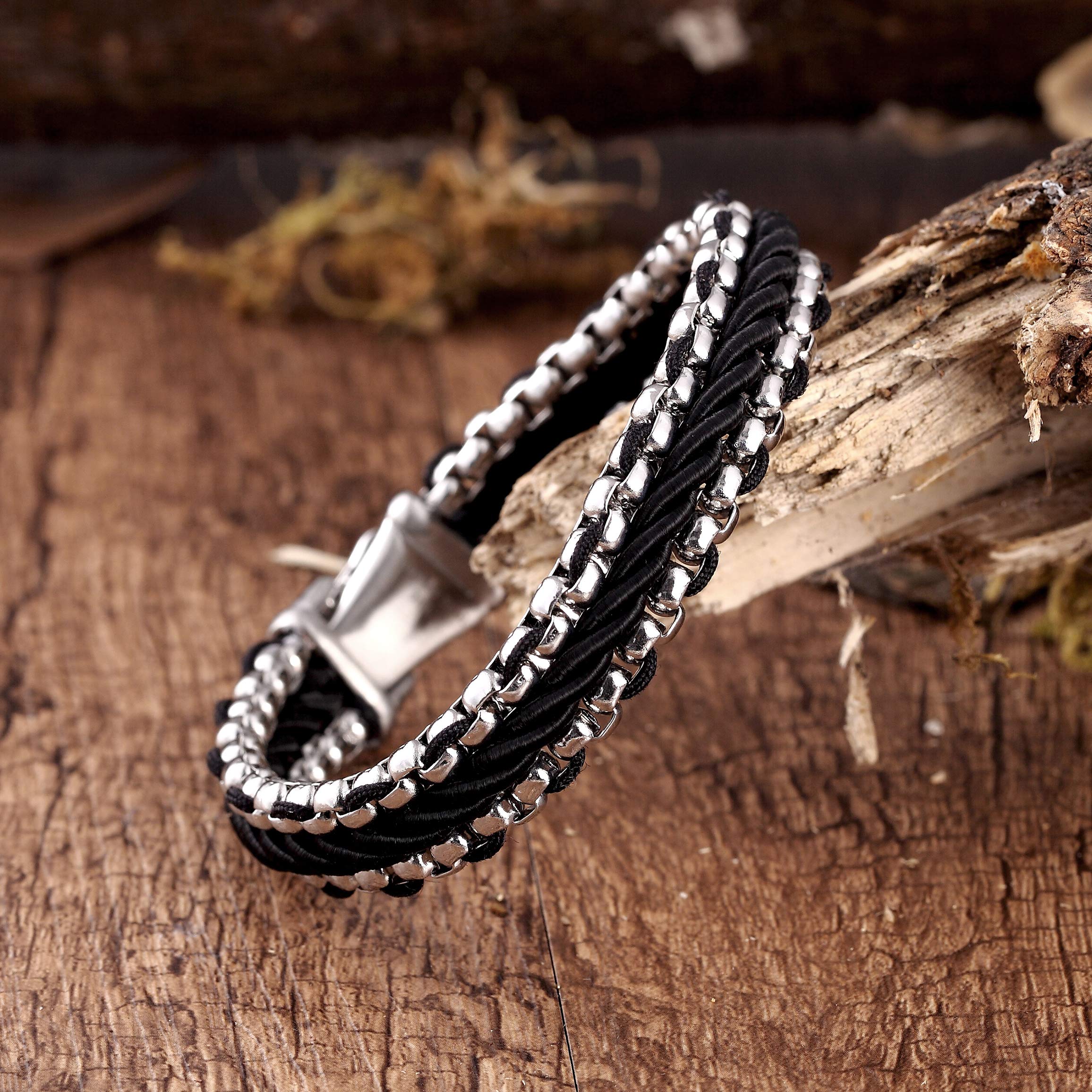 Contemporary Men’s Bracelet – Metallic Bead Chain Design with Contemporary Black Leather Detail –Genuine Leather & Stainless Steel – Black & Polished Silver Color – Jewelry Gift or Accessory for Men