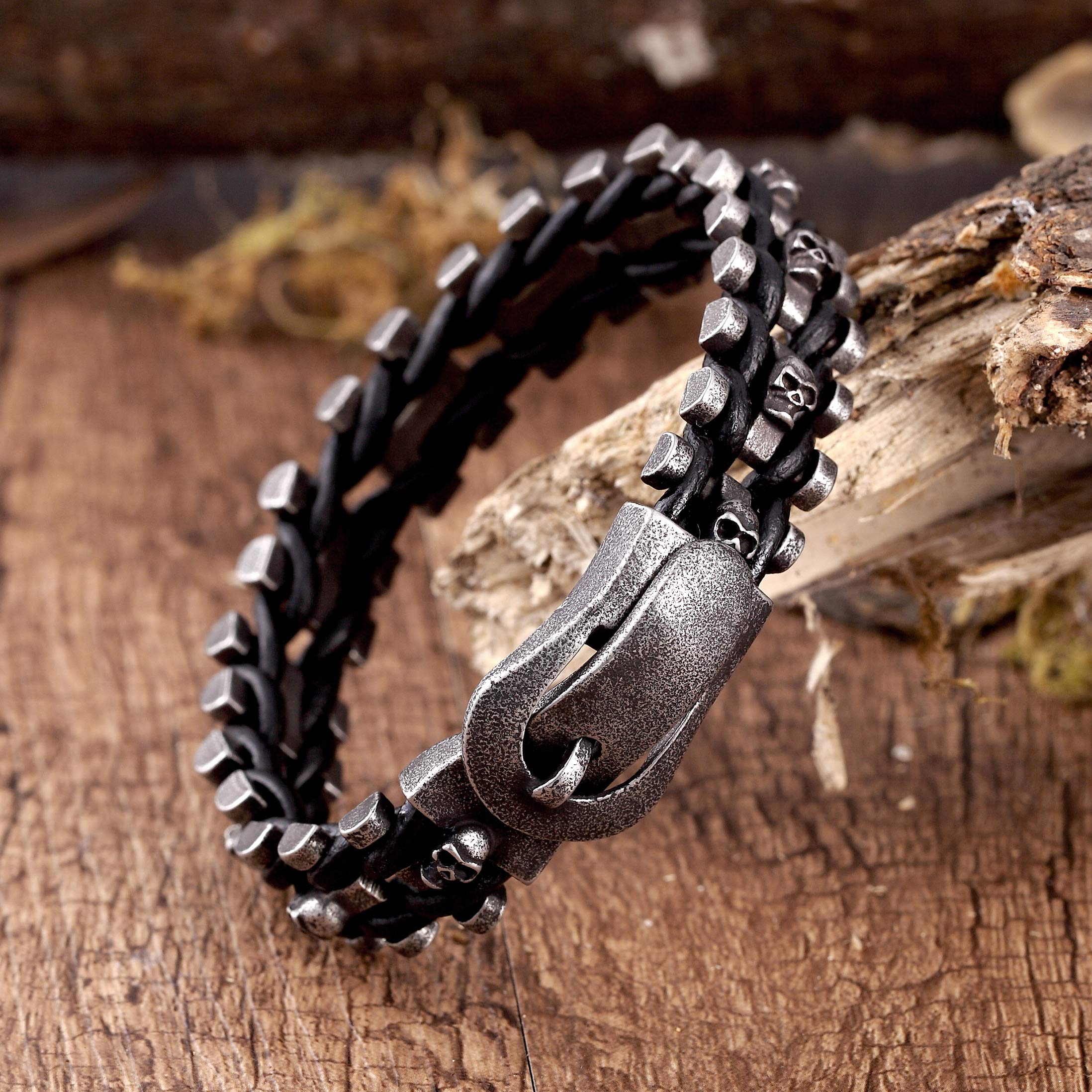 Dystopian Men’s Bracelet – Contemporary Black Leather Rope with Interlocking Track Chains – Comfy Genuine Leather & Stainless Steel – Black & Gun Metal Grey Color – Jewelry Gift or Accessory