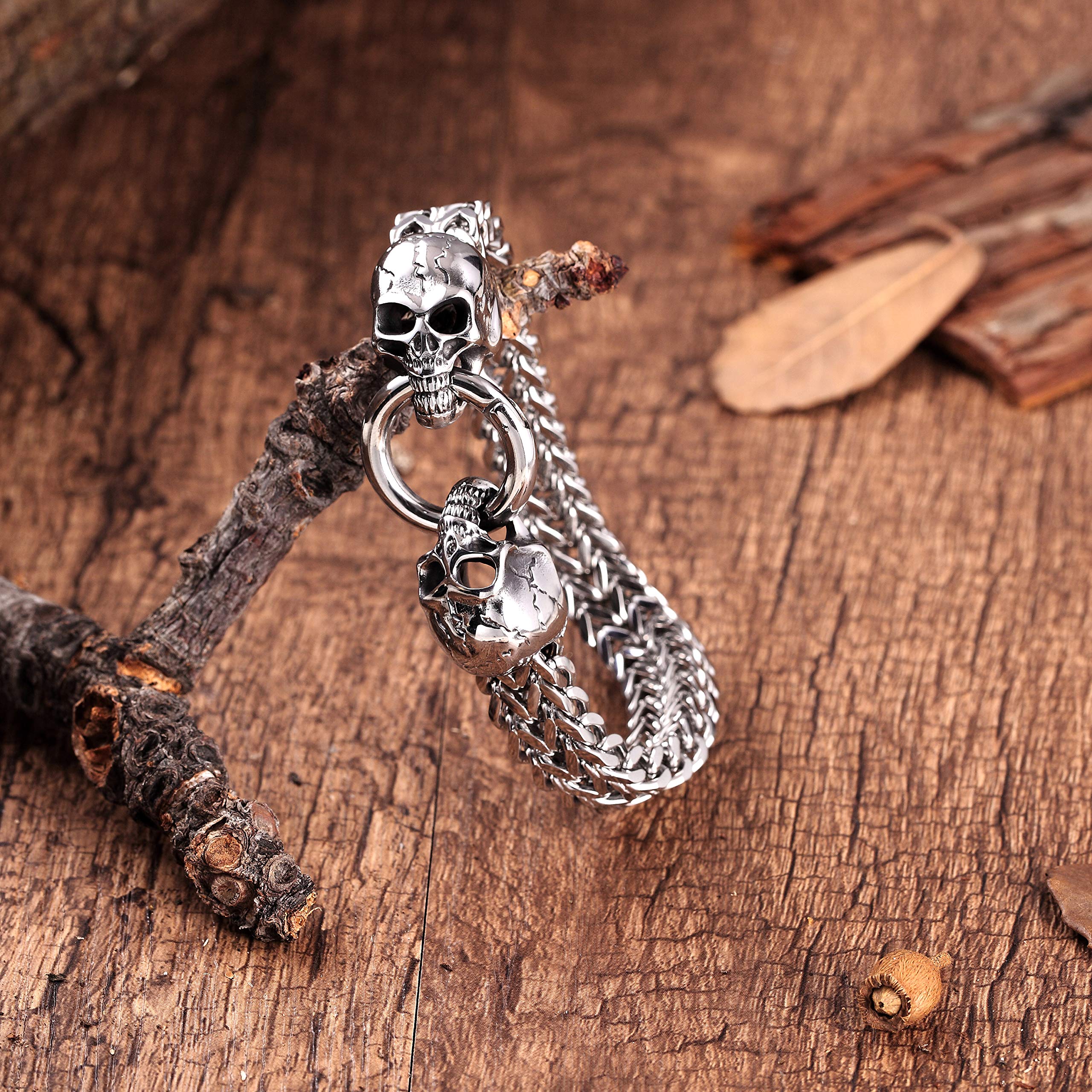 Bold Men’s Biker Bracelet, Foxtail Chain with Skull Design, Stainless Steel Polished Silver Finish