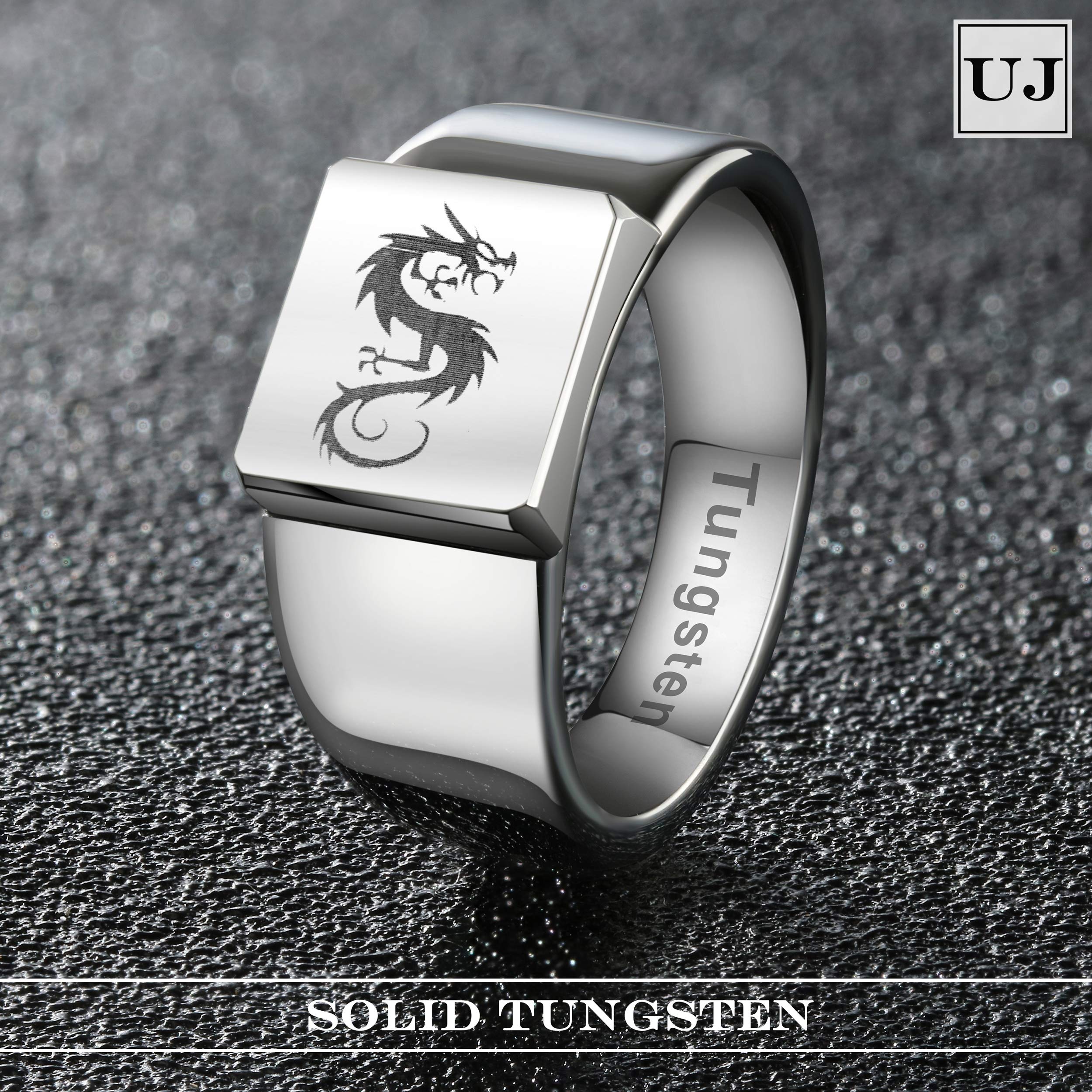 URBAN JEWELRY Men’s Ring Featuring Classic Celtic Dragon Emblem in a Silver Finish – Punk Rock Biker Style – Made of Solid Tungsten Material for Him