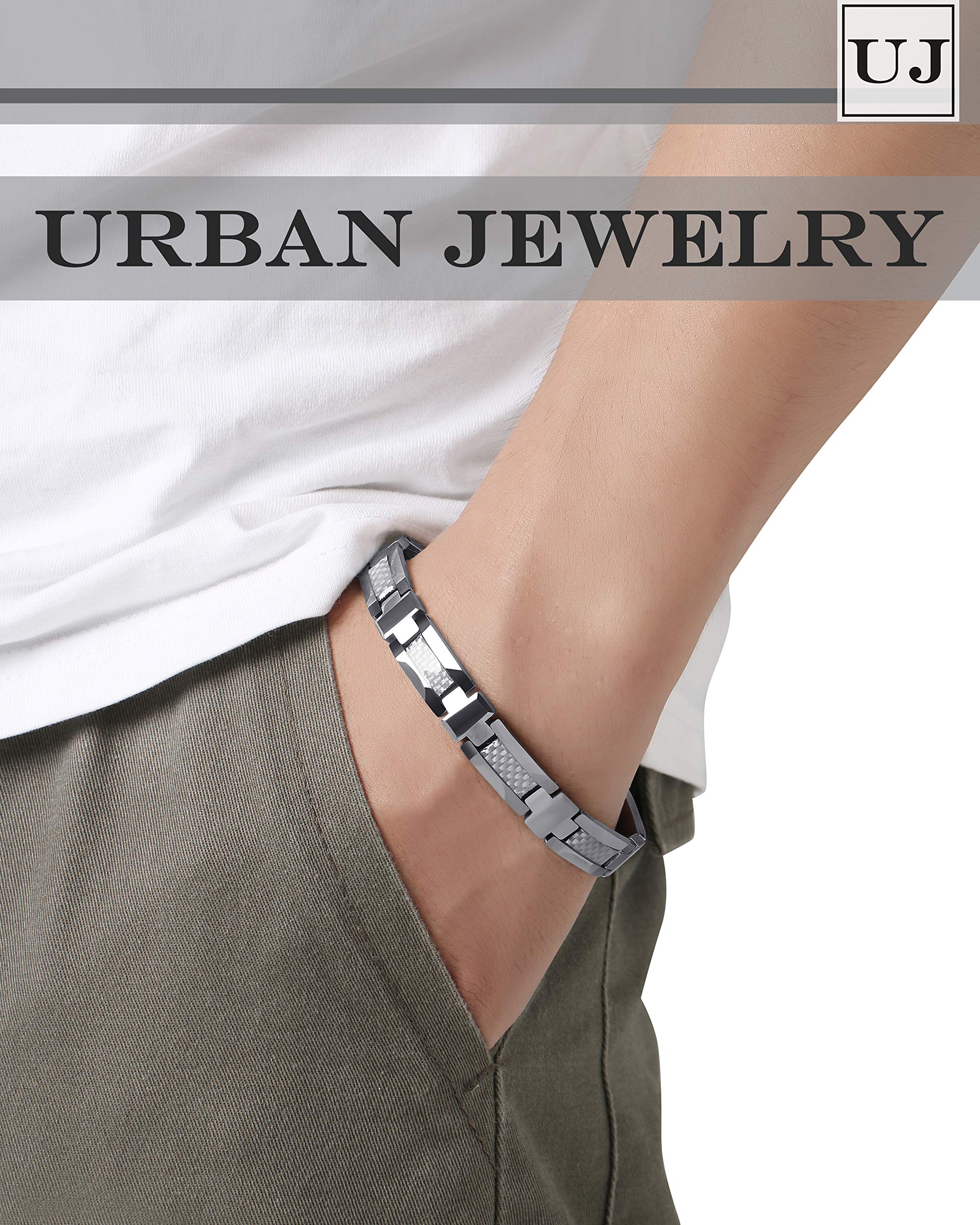 Men’s Tungsten Carbide Cross Bracelet - Link Chain Design in a Polished Silver Finish - Advanced Engineered Metal Blend of Solid Tungsten & Carbon Fiber Material -8.3 inch (21 cm) 10mm wide (Silver)