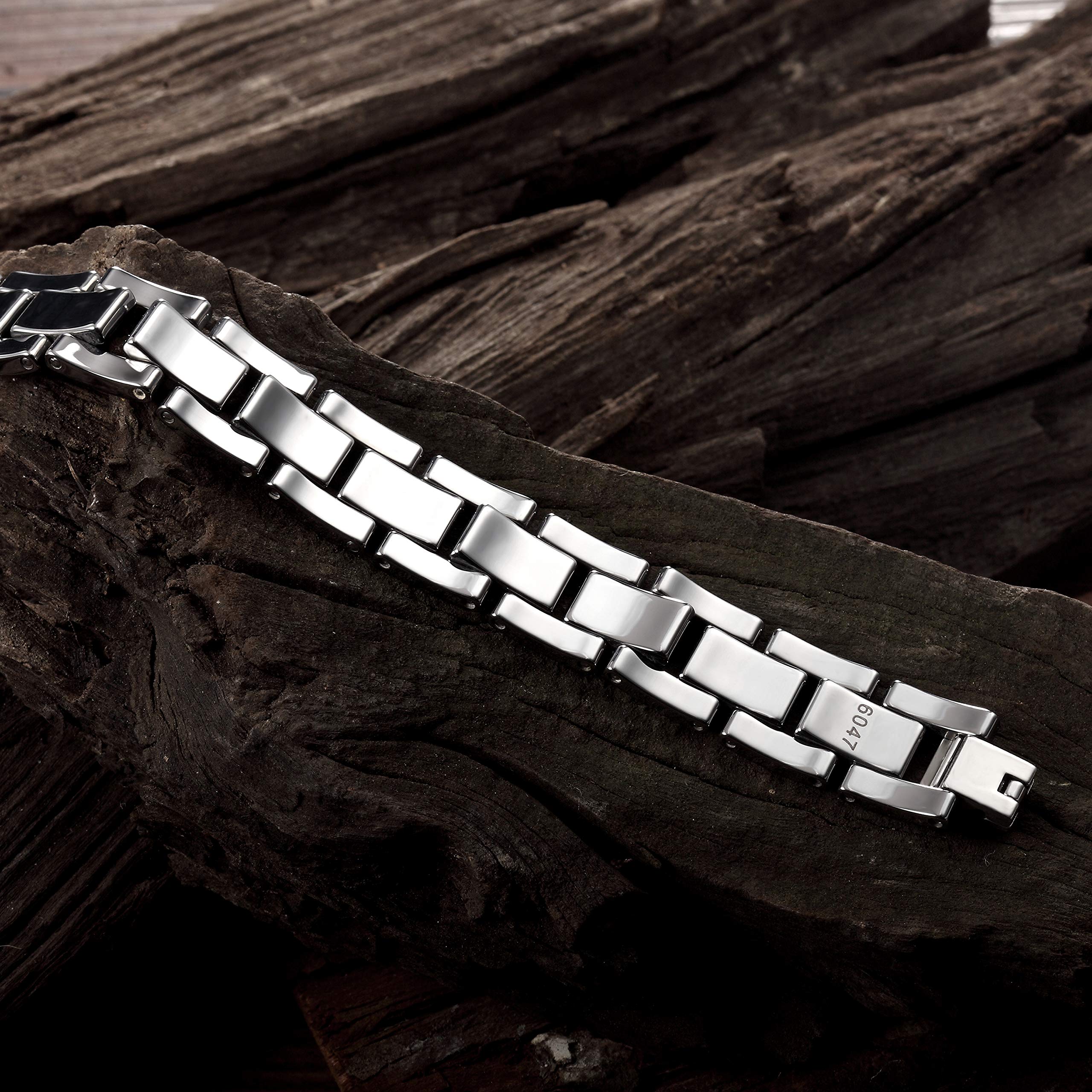 Bold Men’s Bracelet – Interlocking Track Link Design in a Polished Silver Finish with Dark Grey Contrast – Scratch & Tarnish Resistant Tungsten – Jewelry Gift or Accessory for Men