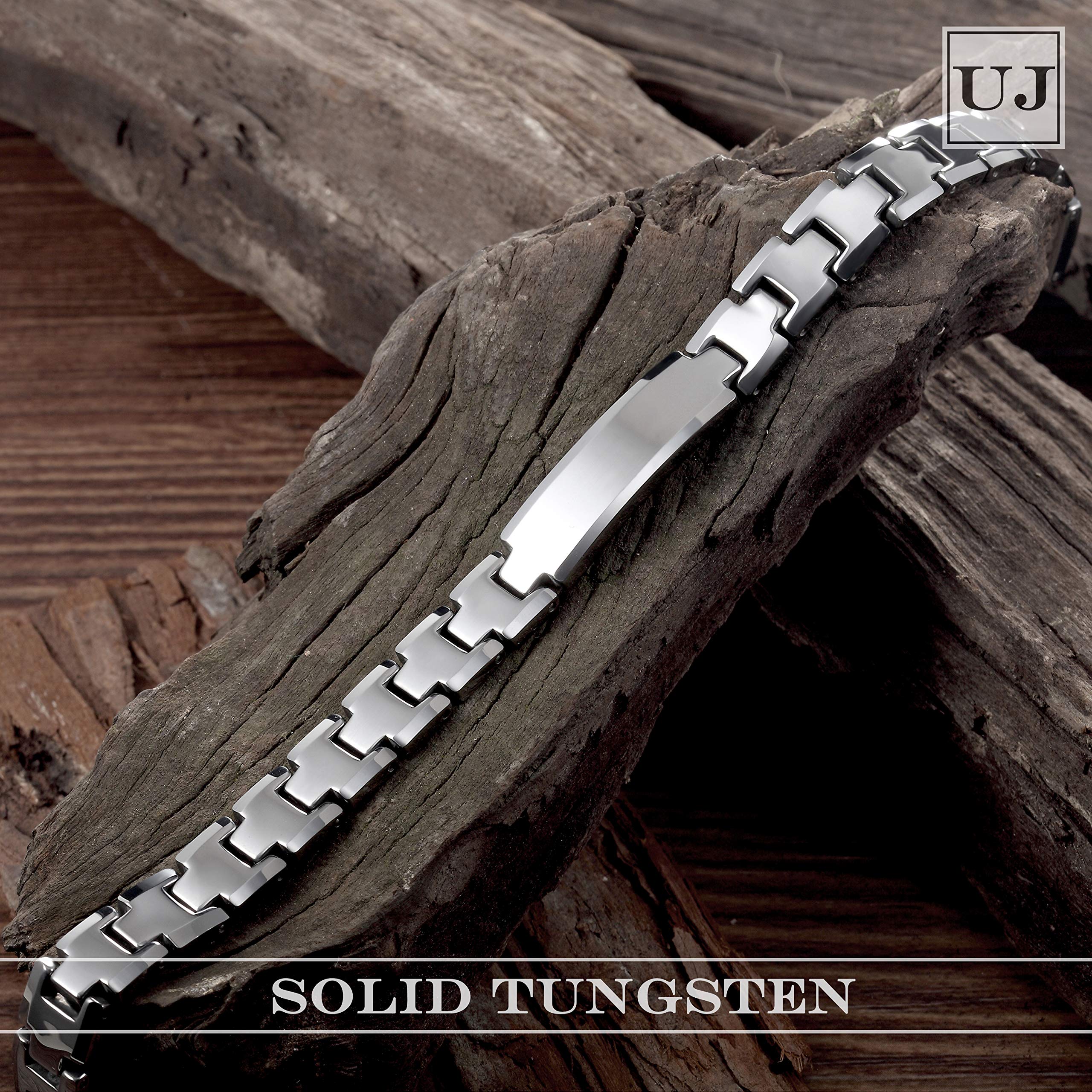 Handsome Men’s Bracelet – ID Band with Interlocking Track Link Design in a Polished Silver Finish – Strong & Durable Solid Tungsten Material – Jewelry Gift or Accessory for Men