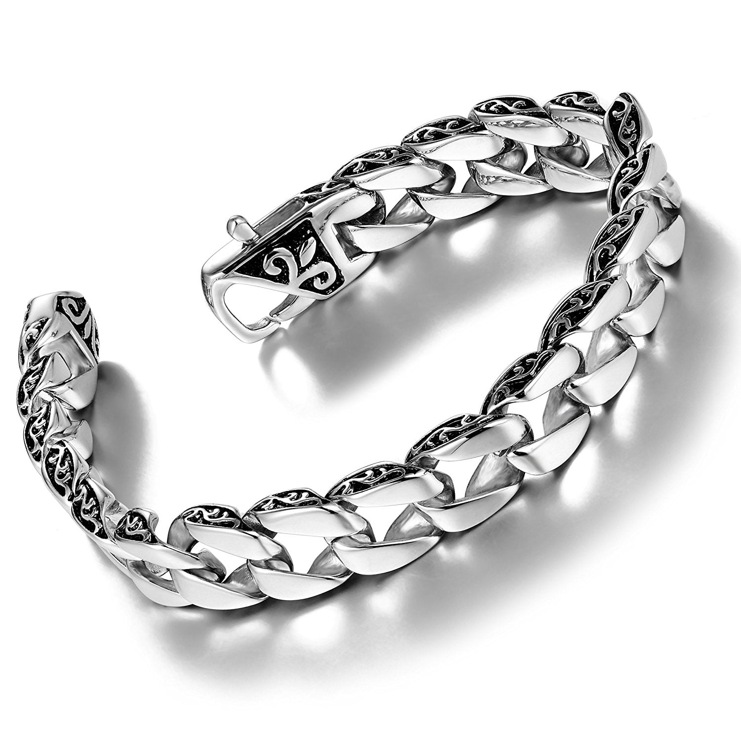 Urban Jewelry Beautiful Fleur De Lis Stainless Steel Link Bracelet for men (Silver, 8.5 Inches)
