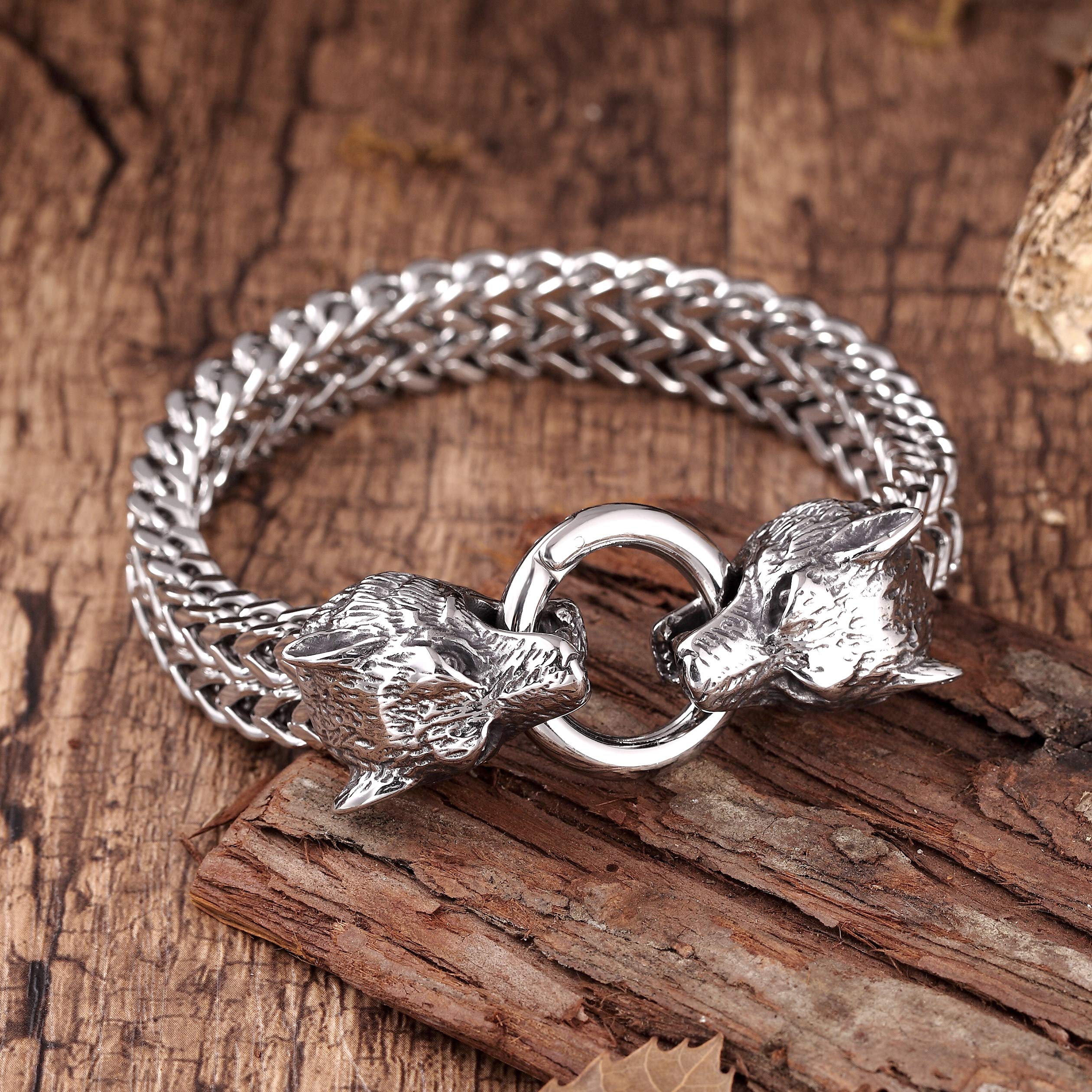 Daringly Bold Men’s Biker Bracelet – Foxtail Chain with Wolf’s Head Design – Polished Silver Finish – Made of Rust & Discoloration Resistant Stainless Steel – Jewelry Gift or Accessory for Men