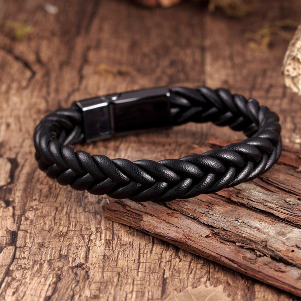 Men's Braided Leather & Gourmette Chain Bracelet - Black & Gold Stainless Steel