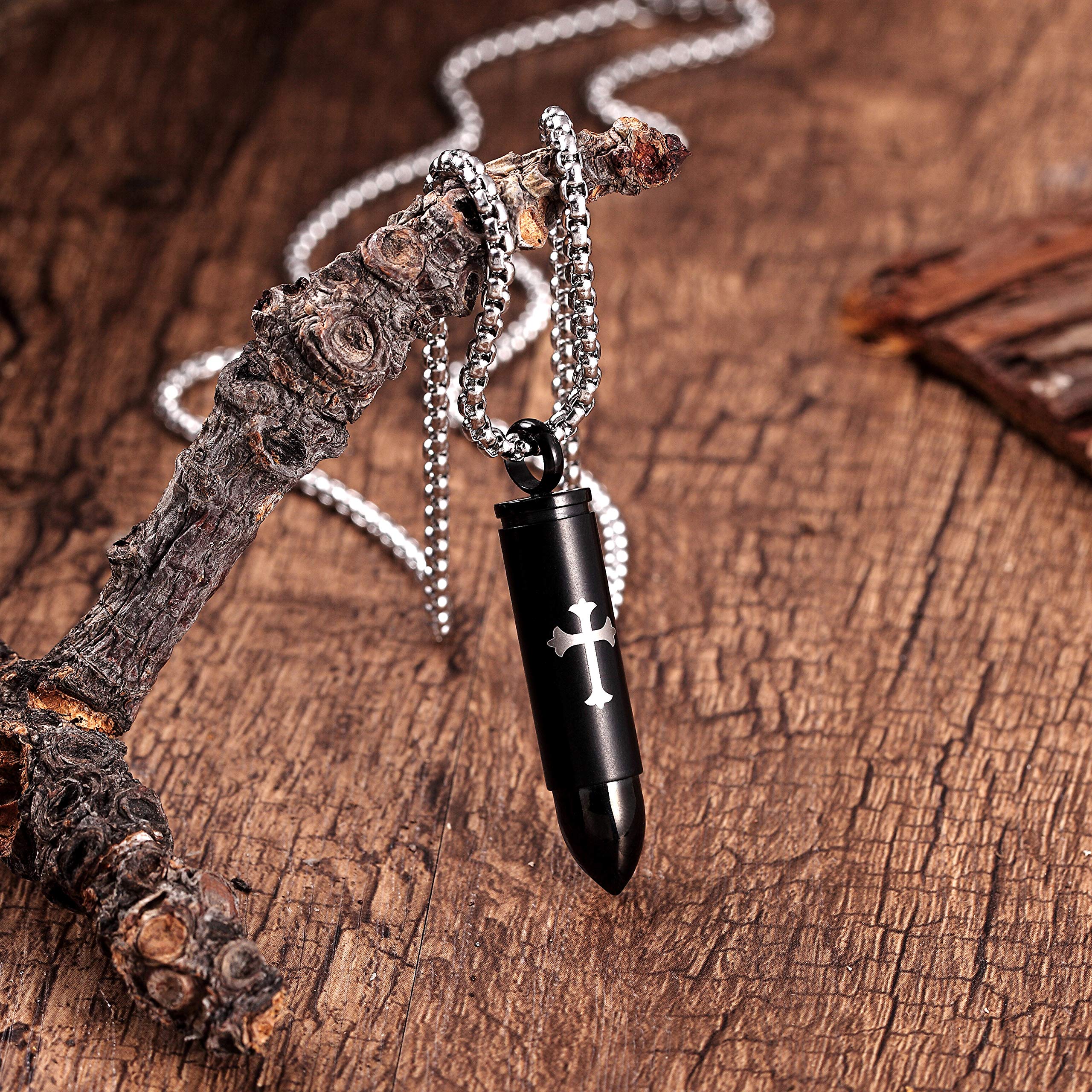 Urban Jewelry Striking Men’s Bullet Locket Necklace – Detailed with The Lord’s Cross in a Polished Gold, Silver or Black Finish – Rust & Discoloration Resistant Stainless Steel Pendant and Chain
