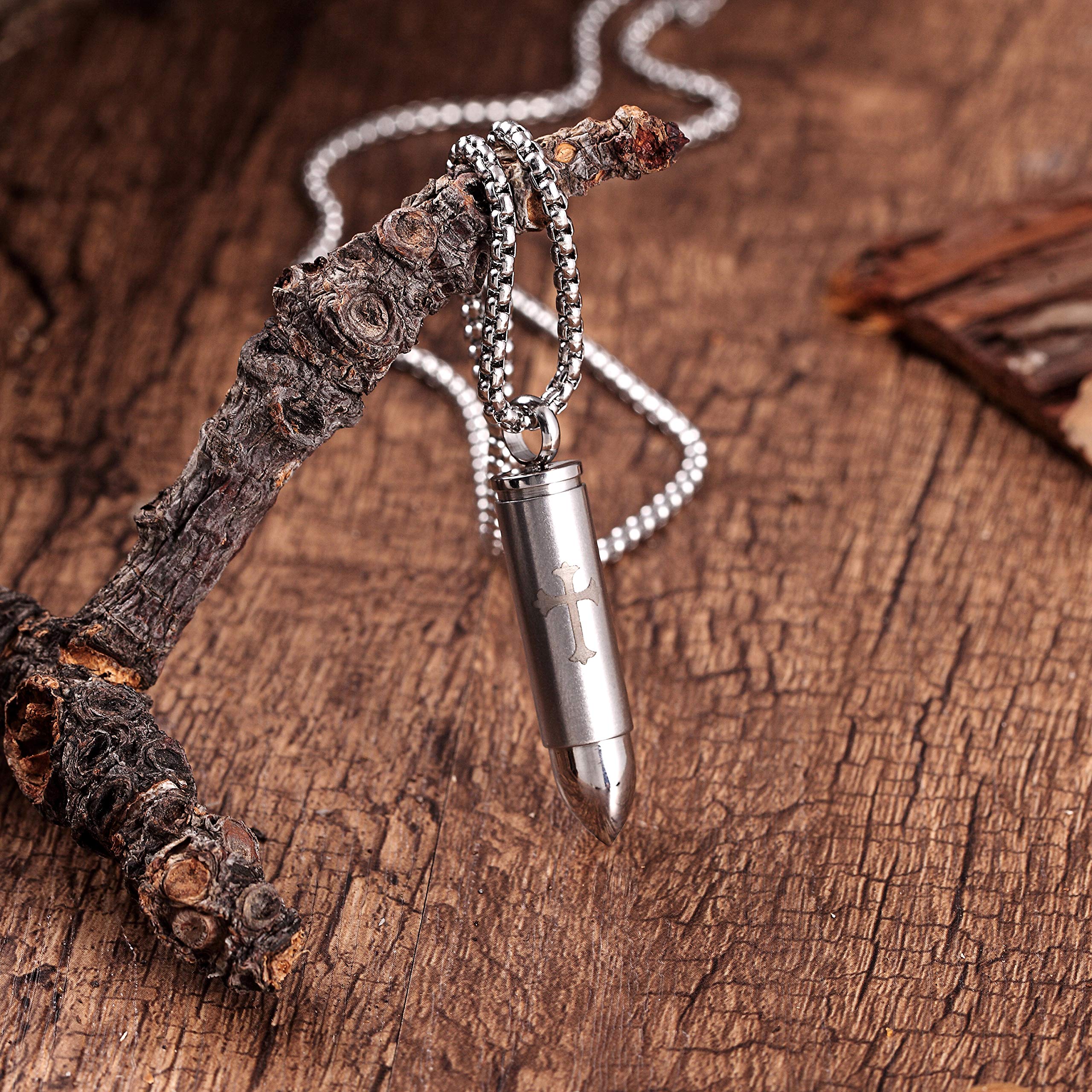 Urban Jewelry Striking Men’s Bullet Locket Necklace – Detailed with The Lord’s Cross in a Polished Gold, Silver or Black Finish – Rust & Discoloration Resistant Stainless Steel Pendant and Chain