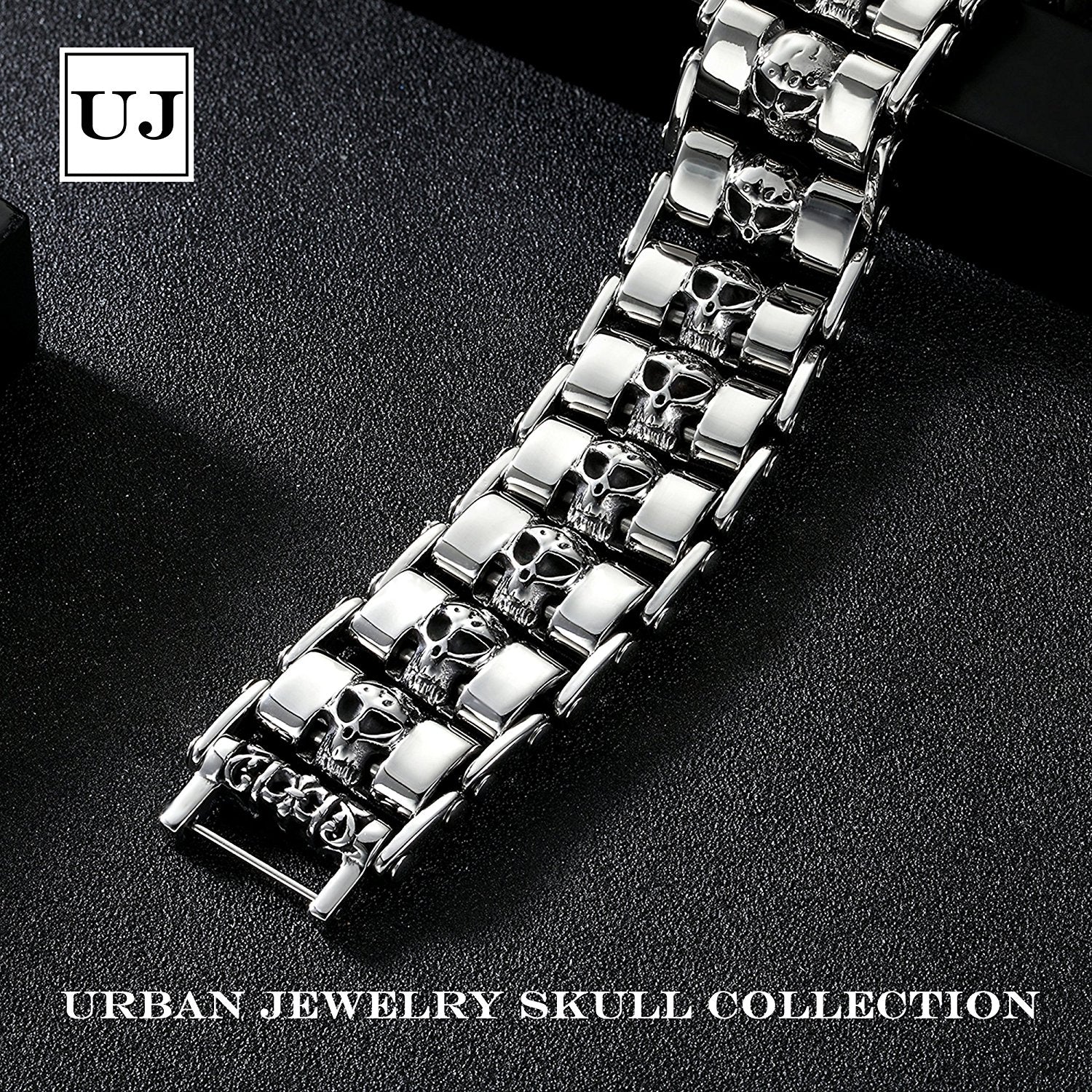 Urban Jewelry Stainless Steel Silver Tone Thick Skull Head 8.6 Inches Bracelet for Men