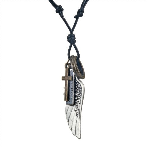 Vintage Angel Wing Mens Cross Pendant Adjustable Length Leather Necklace