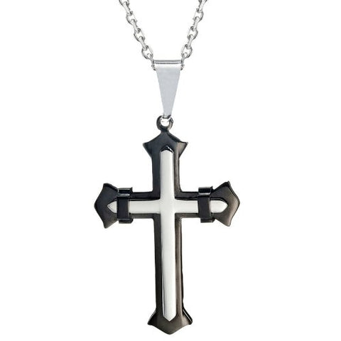 Powerful Mens Stainless Steel Cross Necklace Pendant (Black, Silver, 21" inches Chain)