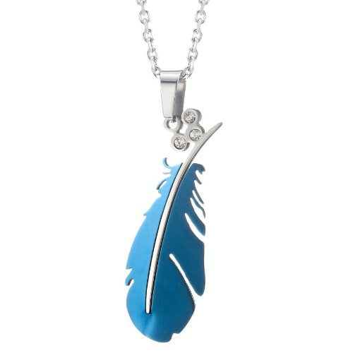 Swiss Stainless Steel Feather Pendant 19" Chain Necklaces (Blue Plated)