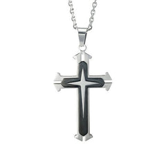 Mens Polished 316L Stainless Steel Star Cross Necklace Pendant - Black & Silver, 21 Inch Chain