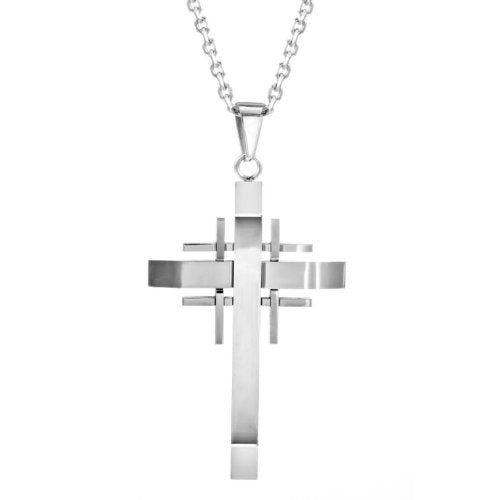Mens Polished Stainless Steel Silver Necklace Cross Pendant 21" Chain