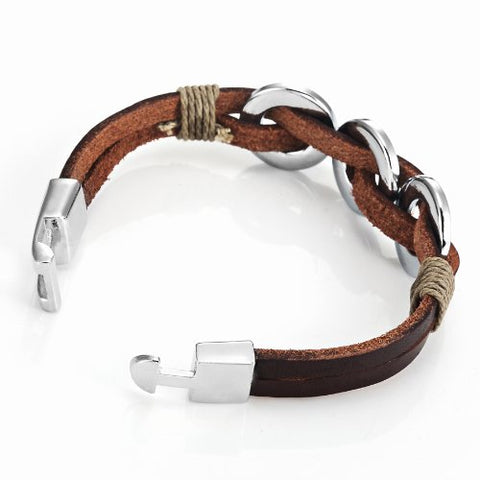 Chic Braided Brown Genuine Leather Bracelet with Stainless Steel Silver 8" (New Secure Clasp)