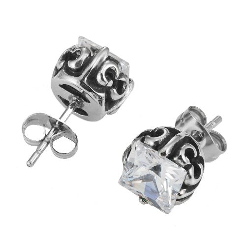 Vintage Men's Stud Earrings Stainless Steel Rectangular Cubic Zirconia,(Silver, Black, Clear CZ)
