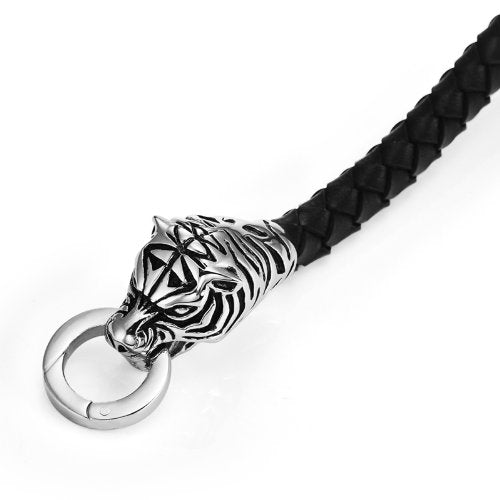 Amazing Leather Mens Bracelet with Locking Stainless Steel Tiger Head Clasp, Black, Silver, 8.5 Inches