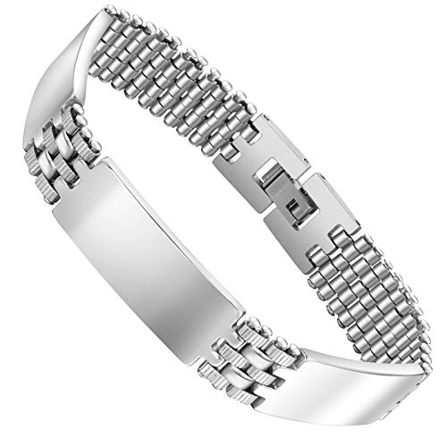 Men’s Stainless Steel Link Bracelet – Slim Interlocking Steel Panel Design For Engraving in a Polished Silver Finish (Silver, 8.3 inch (21cm))