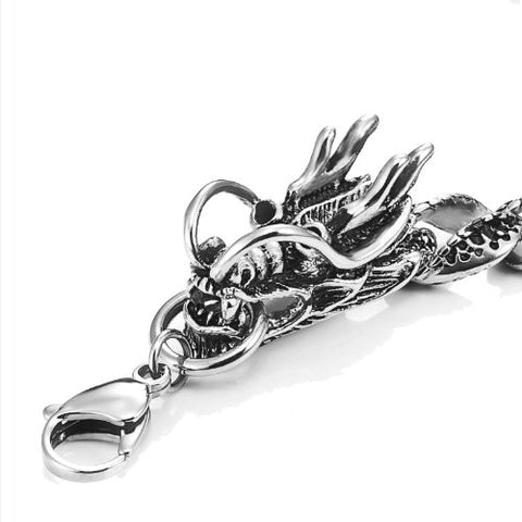 Vintage Style Dragon Link Stainless Steel Men Bracelet 8.2 Inch (Silver, Black)