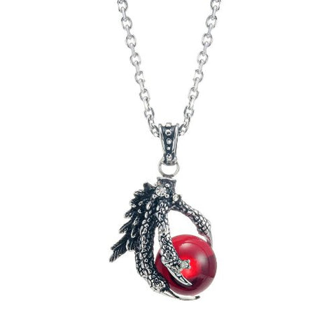 Vintage Men's Gothic Biker Tribal Stainless Steel Dragon Claw Pendant Necklace, Red Black Silver