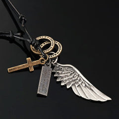 Vintage Angel Wing Mens Cross Pendant Adjustable Length Leather Necklace
