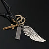 Image of Vintage Angel Wing Mens Cross Pendant Adjustable Length Leather Necklace