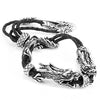 Image of Stunning Genuine Leather Stainless Steel Double Dragon Bracelet (Adjustable, Black, Silver)