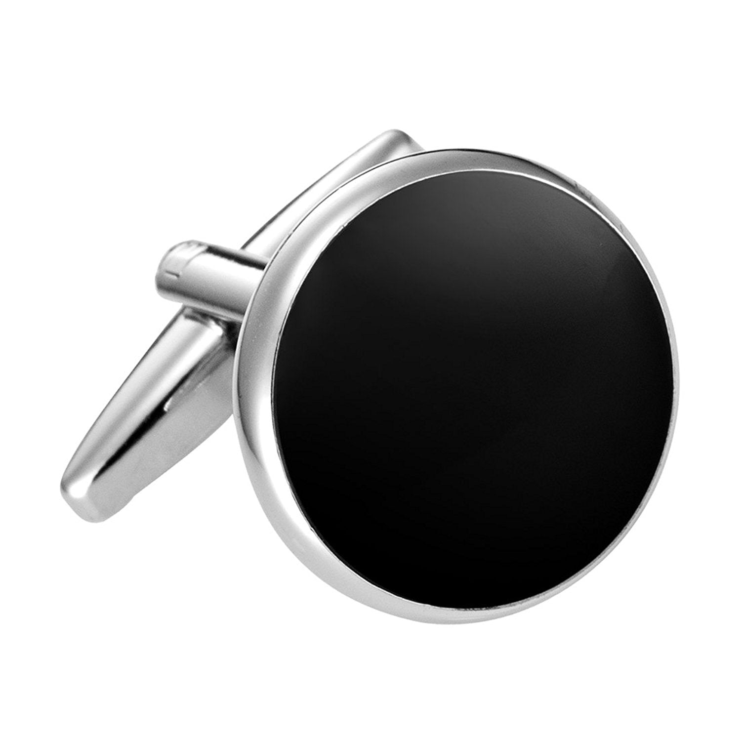 Urban Jewelry Formal Black Cufflinks with Shiny Stainless Steel Silver Trimming