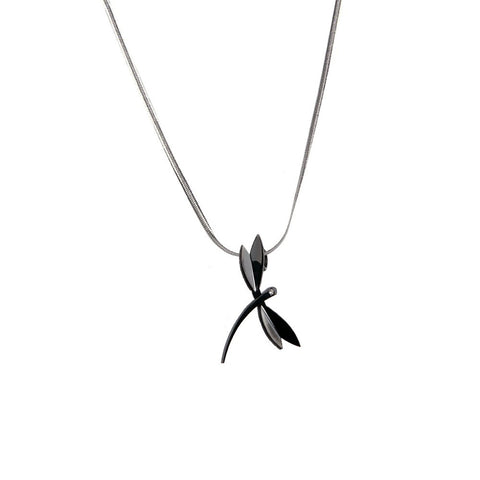 Good Luck Women Cubic Zirconia Stainless Steel Dragonfly Pendant Chain Necklace 18" (Black, Silver)