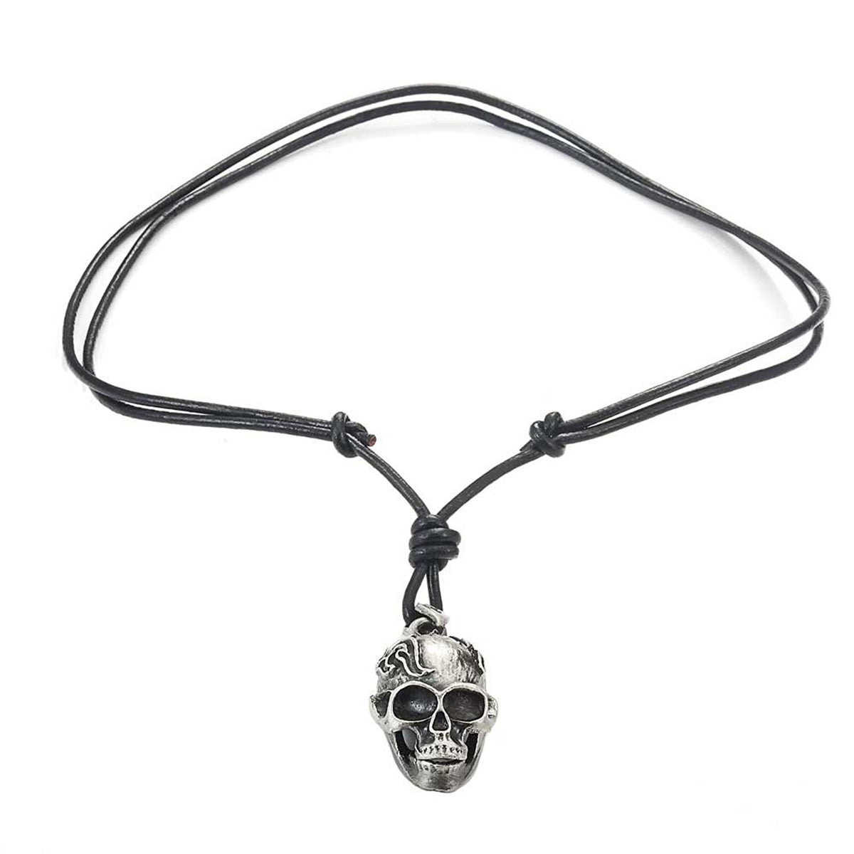 Men's Vintage Biker Style Skull Adjustable Black Genuine Leather Necklace