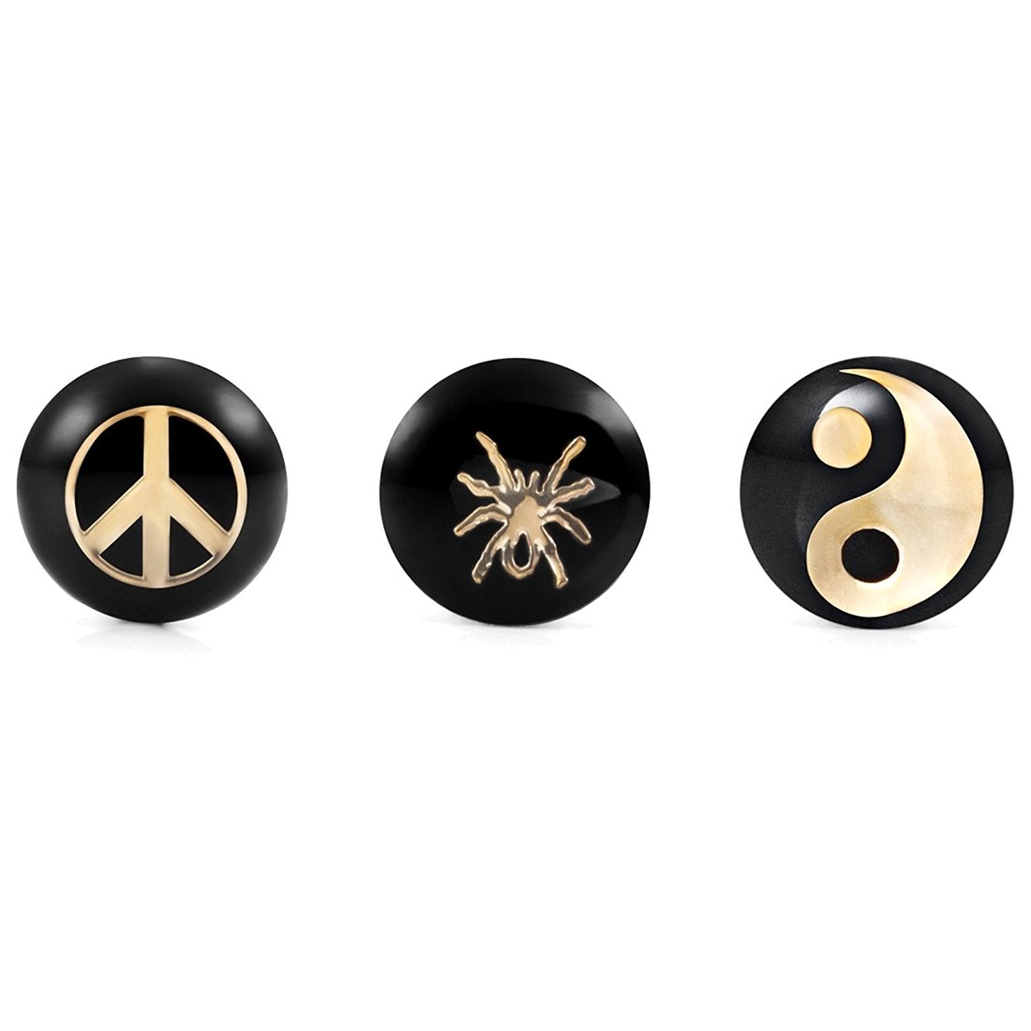 Mens Stainless Steel Stud Earrings 3 Pairs Set with 8mm Peace, Yin & Yang and Spider Symbol Designs