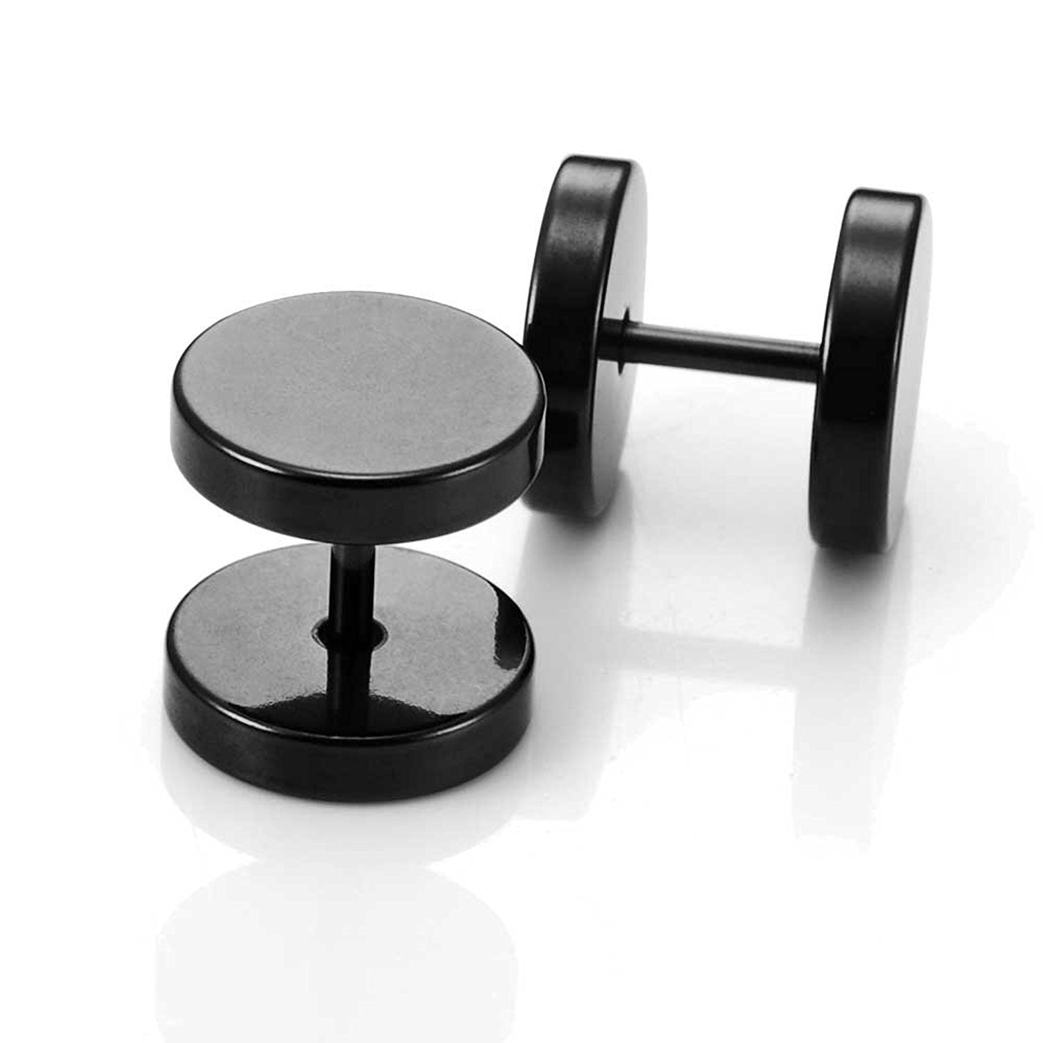 Stainless Steel Men's Stud Earrings Round Barbell Screw Back Ear Set, 2pcs, Color Black, 10mm