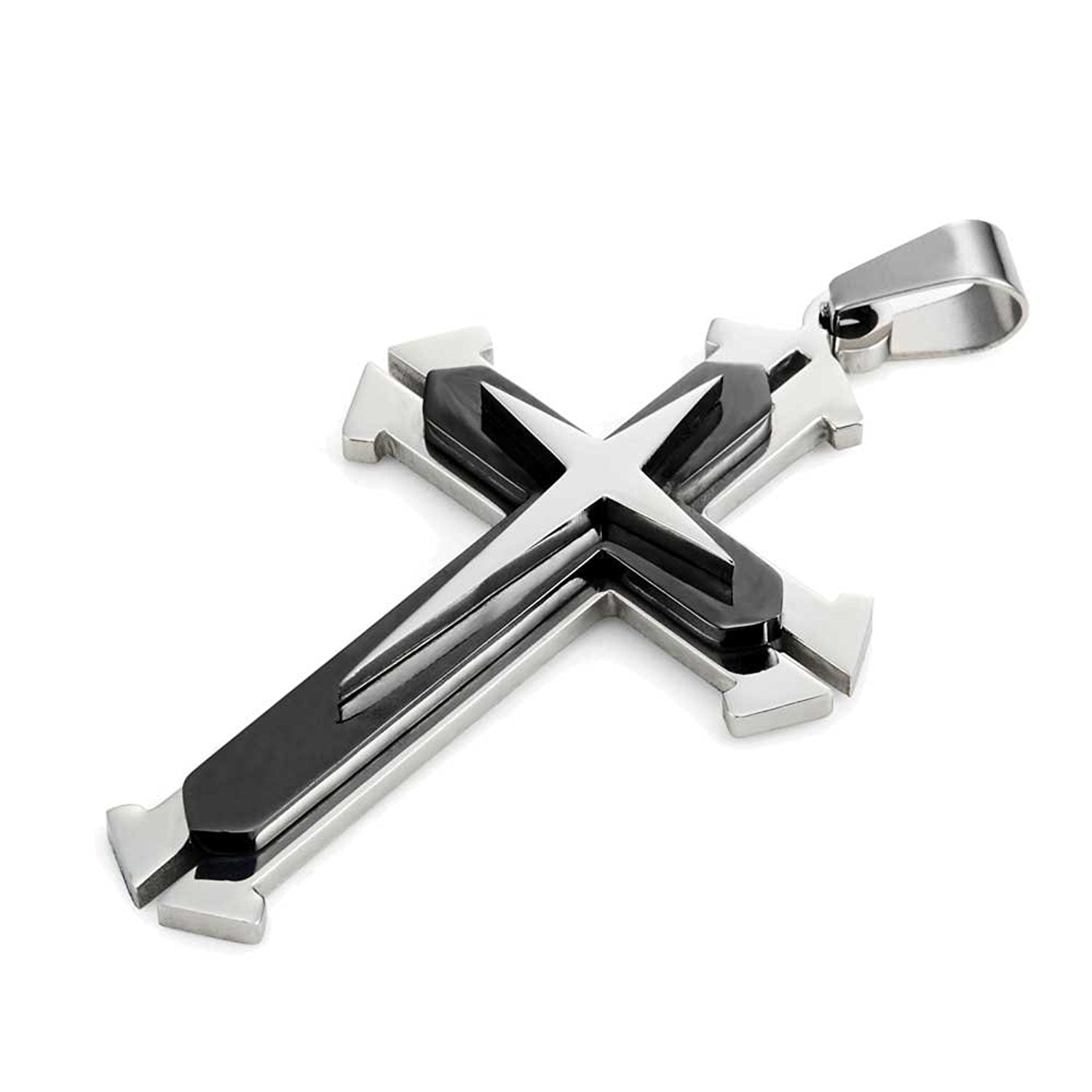 Mens Polished 316L Stainless Steel Star Cross Necklace Pendant - Black & Silver, 21 Inch Chain