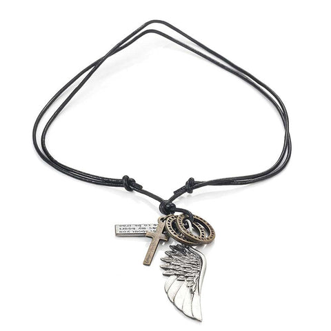 Vintage Angel Wing Mens Cross Pendant Adjustable Length Leather Necklace